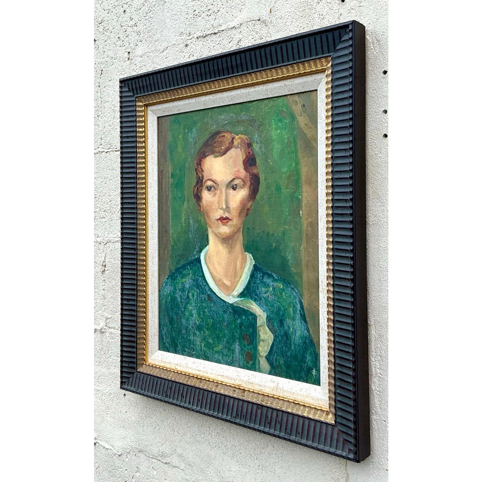 Portrait à l'huile original Boho du milieu du 20e siècle sur panneau, encadré en vente 3