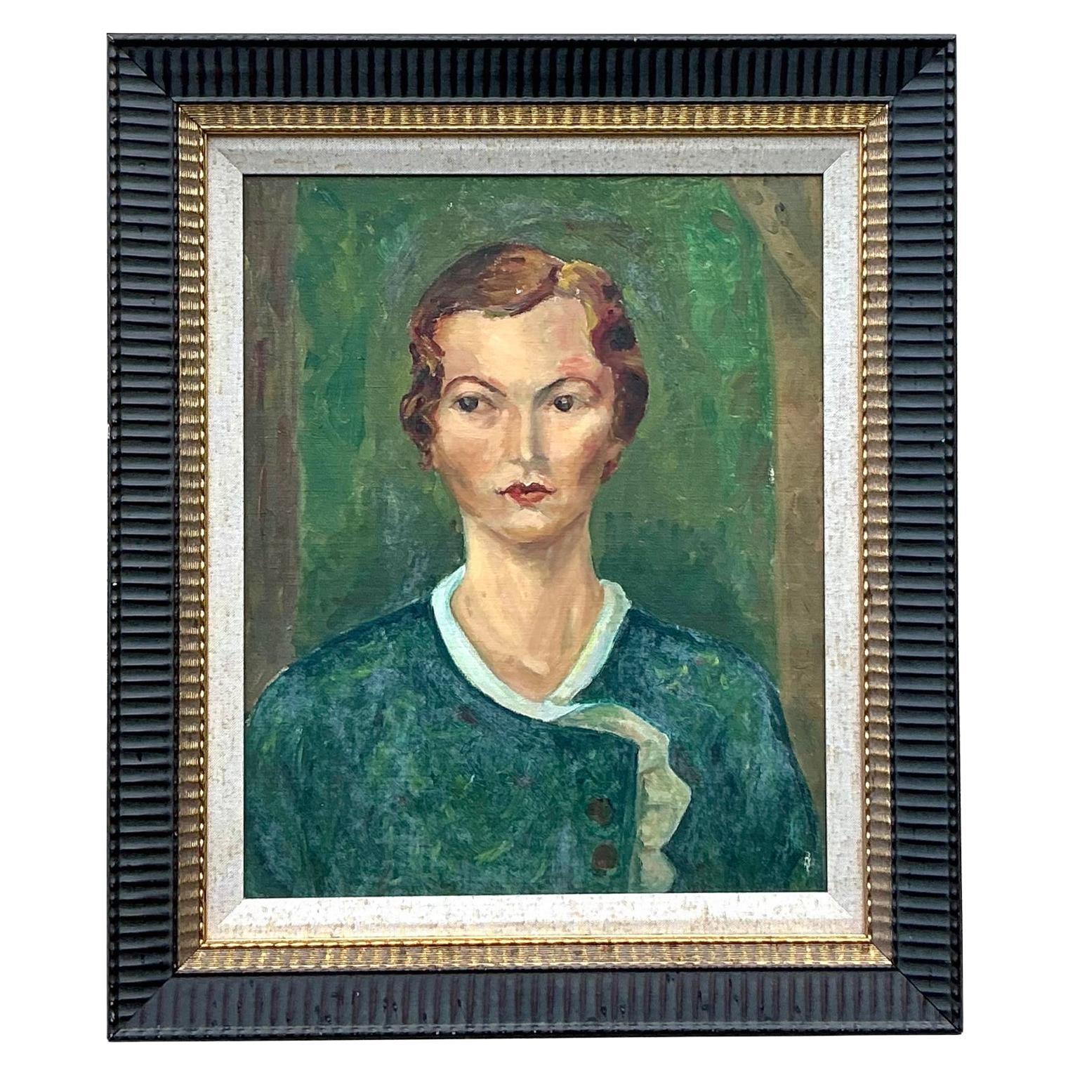 Mid 20th Century Vintage Boho Original Oil Portrait on Board, Framed