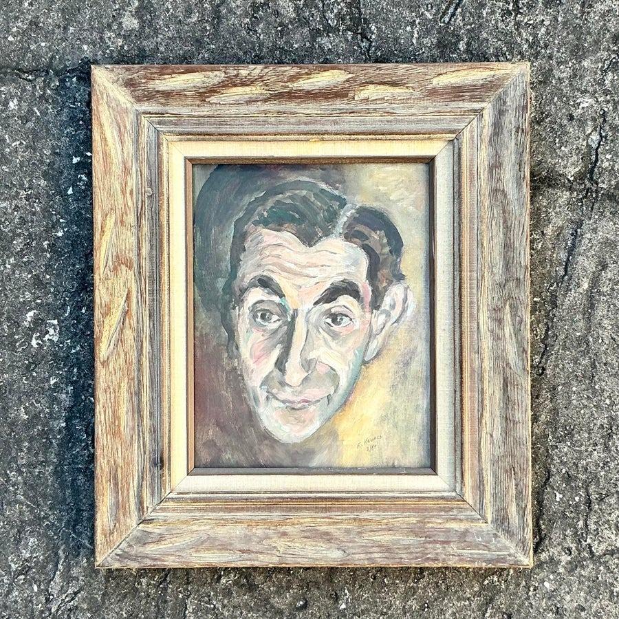 Retrato al óleo original boho de mediados del siglo XX sobre lienzo en Bueno estado para la venta en West Palm Beach, FL