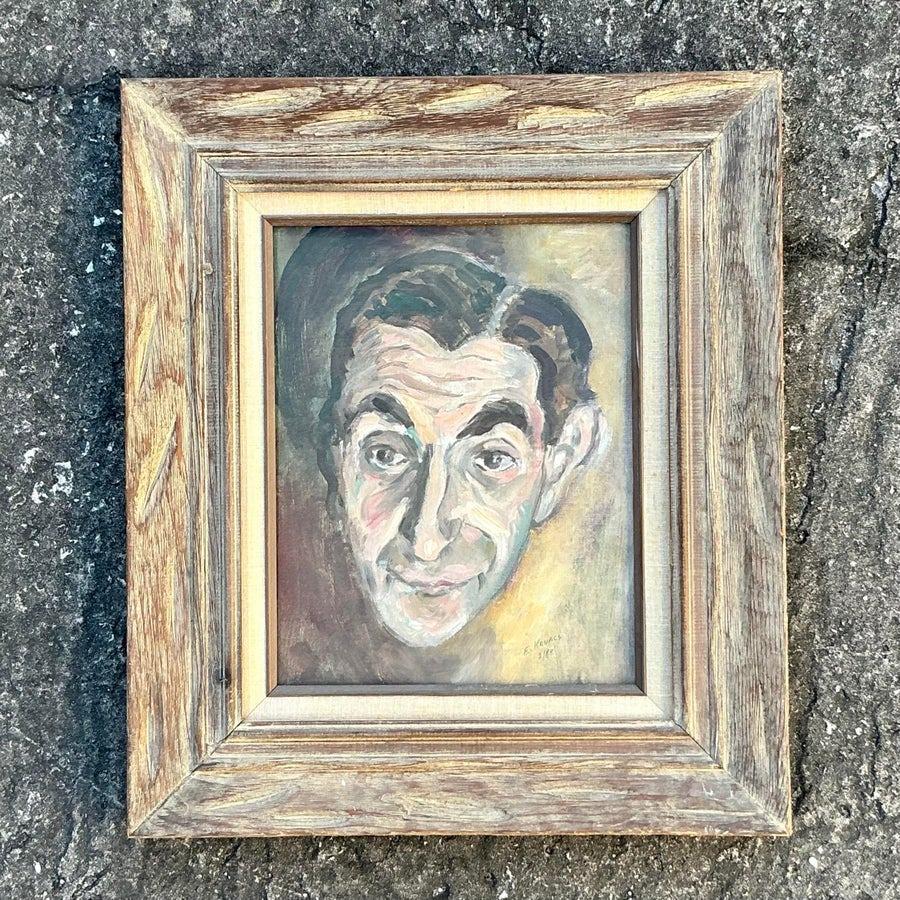 Retrato al óleo original boho de mediados del siglo XX sobre lienzo en venta 1