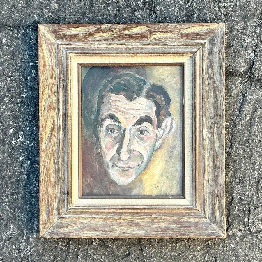 Retrato al óleo original boho de mediados del siglo XX sobre lienzo en venta 2