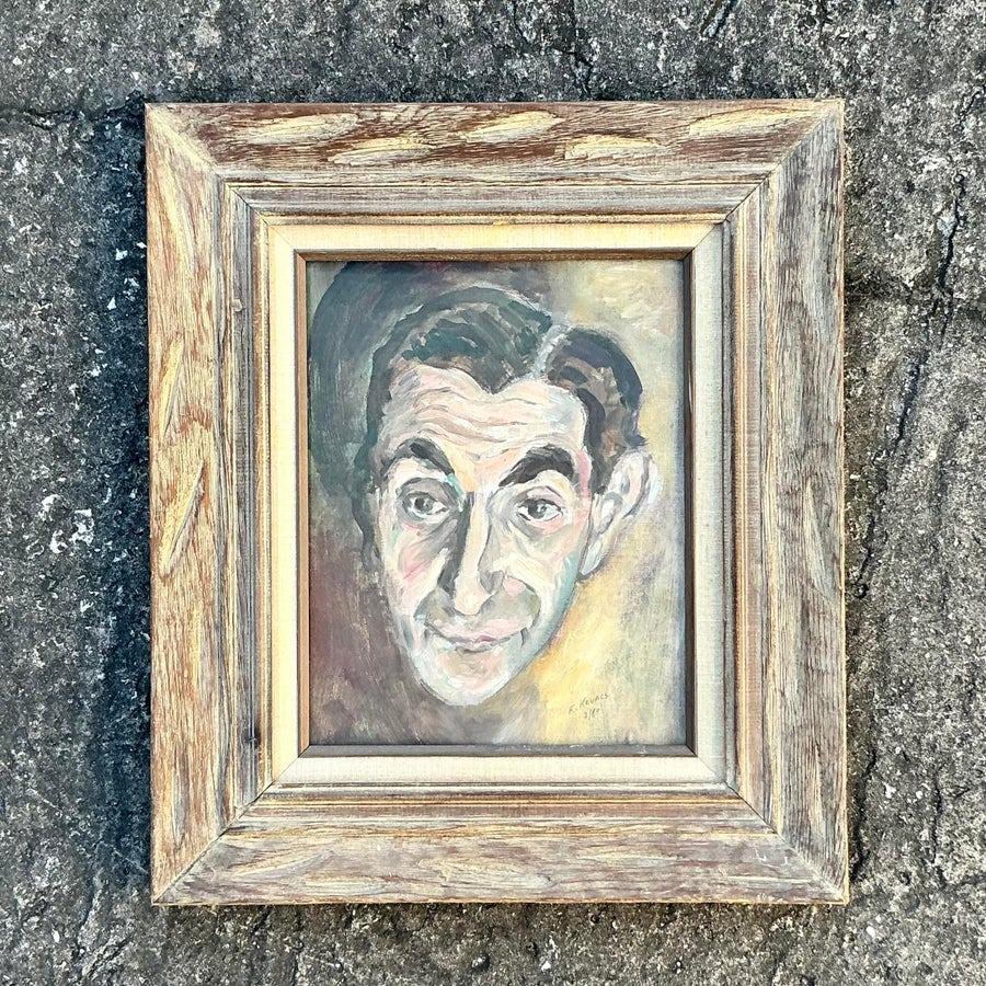Retrato al óleo original boho de mediados del siglo XX sobre lienzo en venta 3