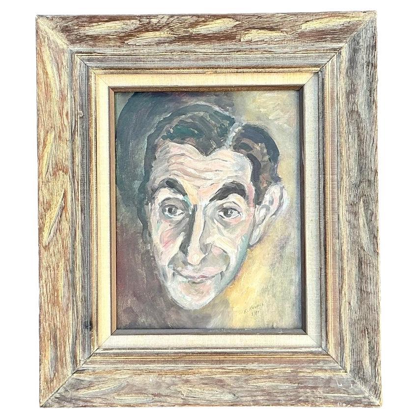 Mid 20th Century Vintage Boho Original Oil Portrait on Canvas