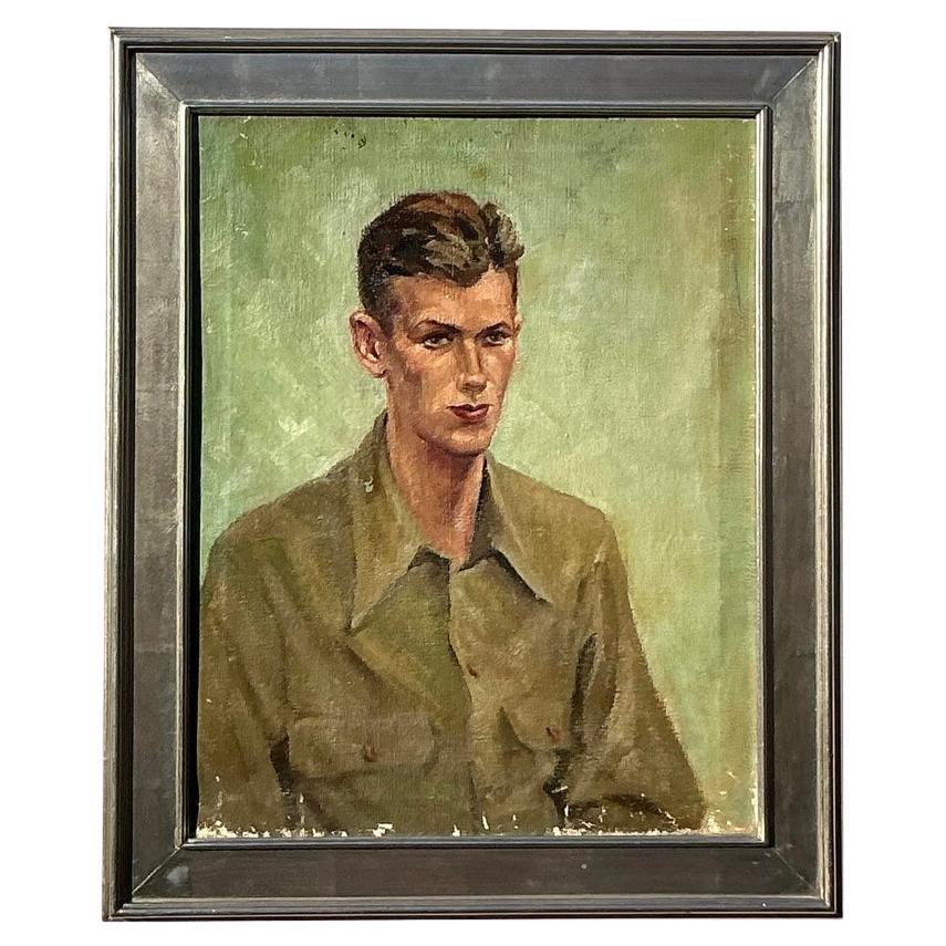 Mid 20th Century Vintage Boho Original Oil Portrait on Canvas