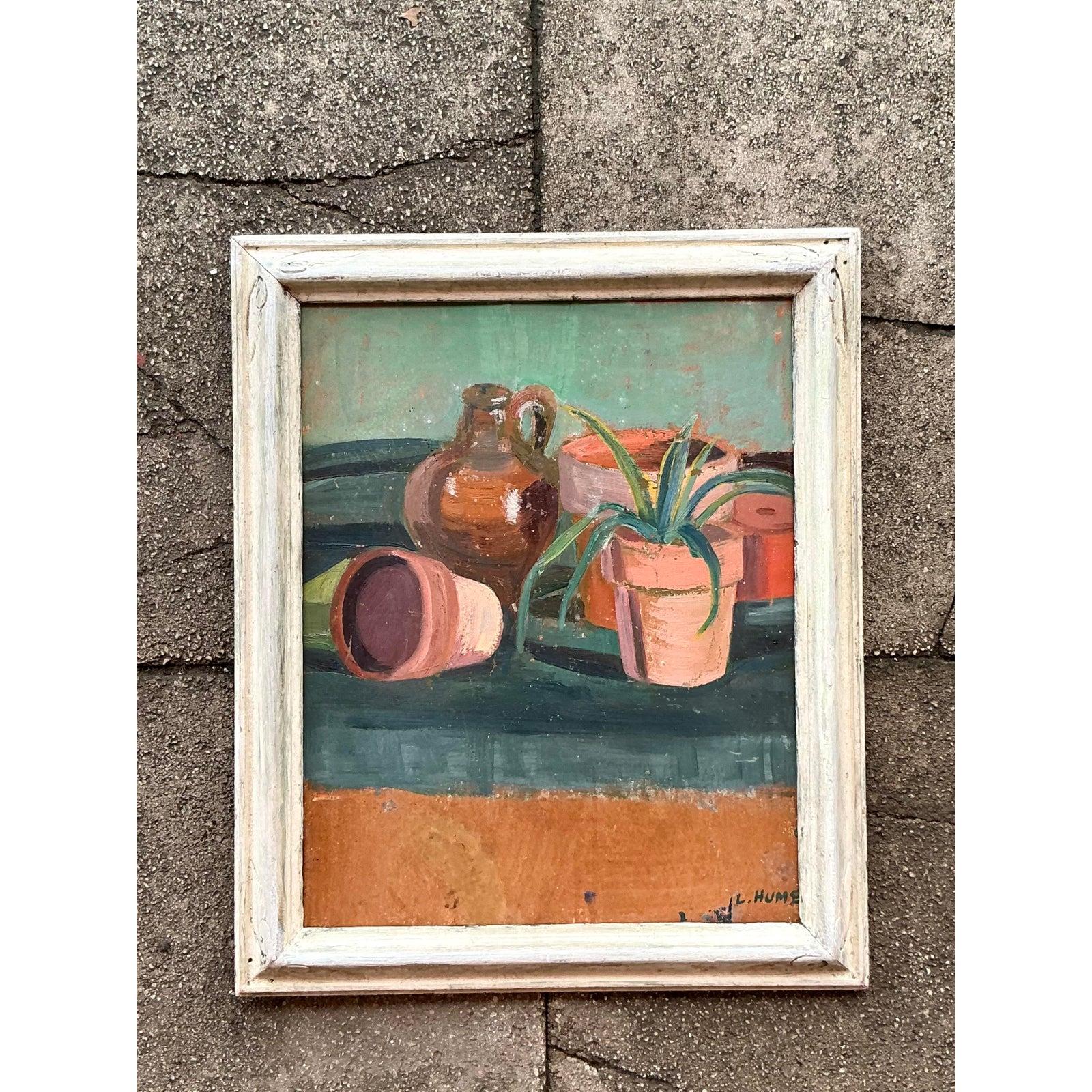 Mitte des 20. Jahrhunderts Vintage Boho Original Stillleben Öl auf Karton (Rustikal) im Angebot