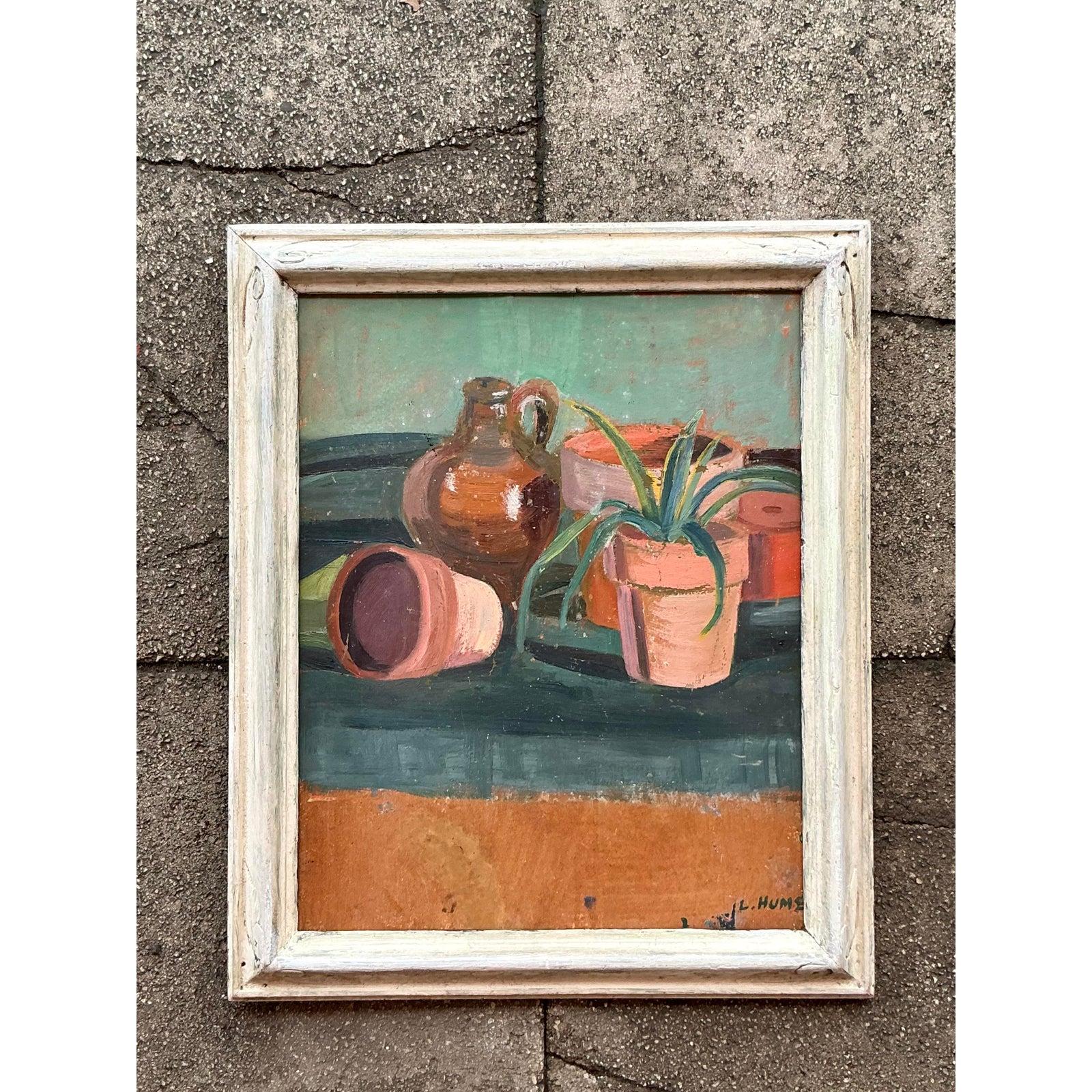 Mitte des 20. Jahrhunderts Vintage Boho Original Stillleben Öl auf Karton (amerikanisch) im Angebot