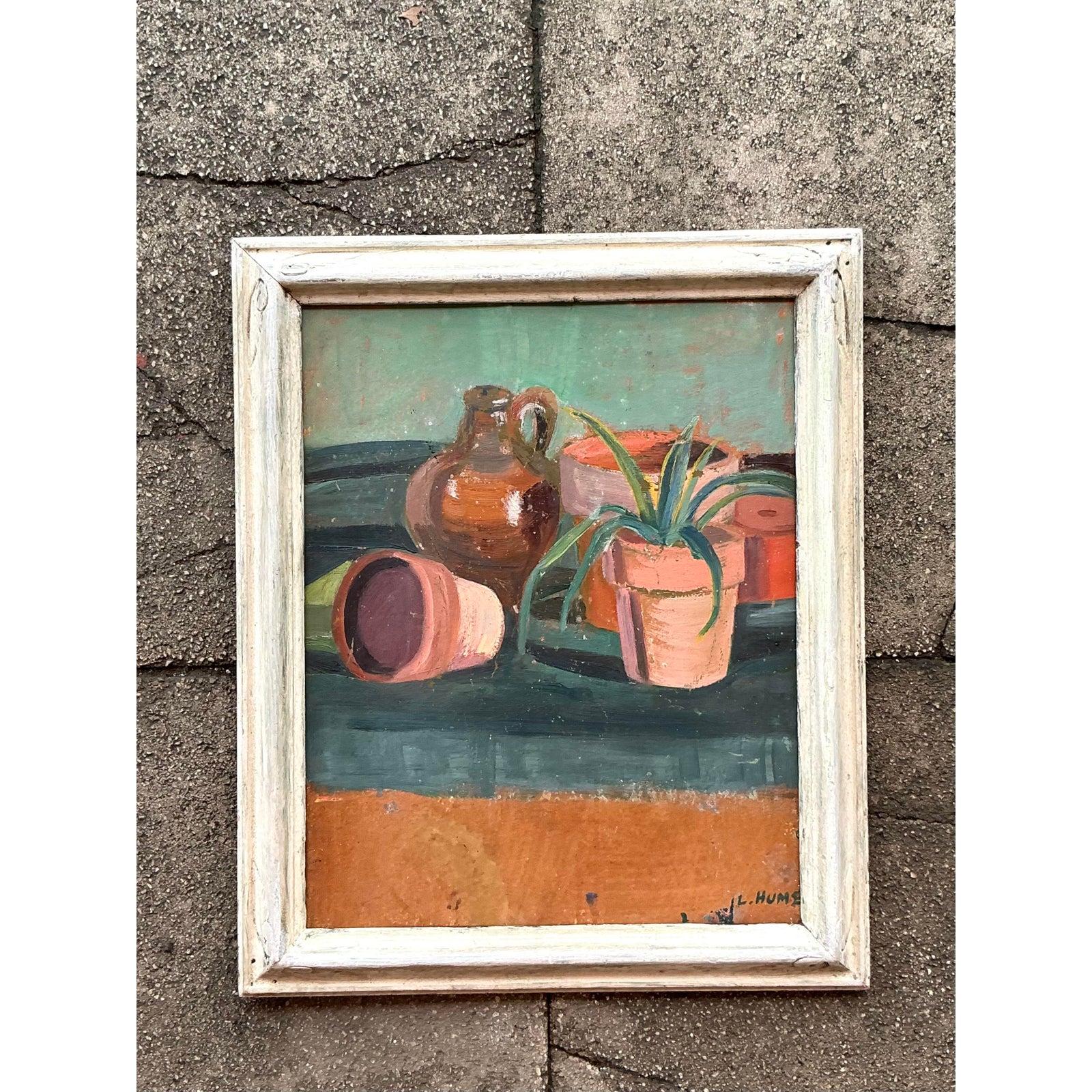 Mitte des 20. Jahrhunderts Vintage Boho Original Stillleben Öl auf Karton im Zustand „Gut“ im Angebot in West Palm Beach, FL