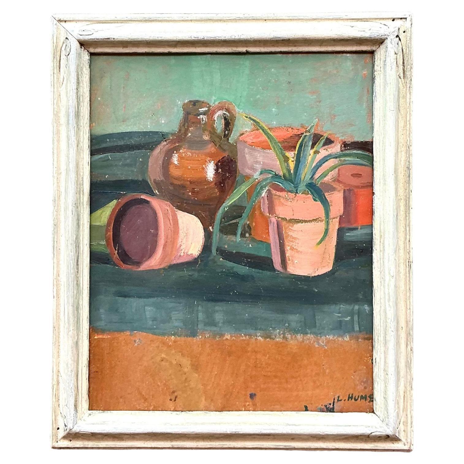 Mid 20th Century Vintage Boho Original Still Life Oil on Board