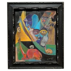 Mid 20th Century Vintage Boho Original Surrealist Figural Oil on Canvas