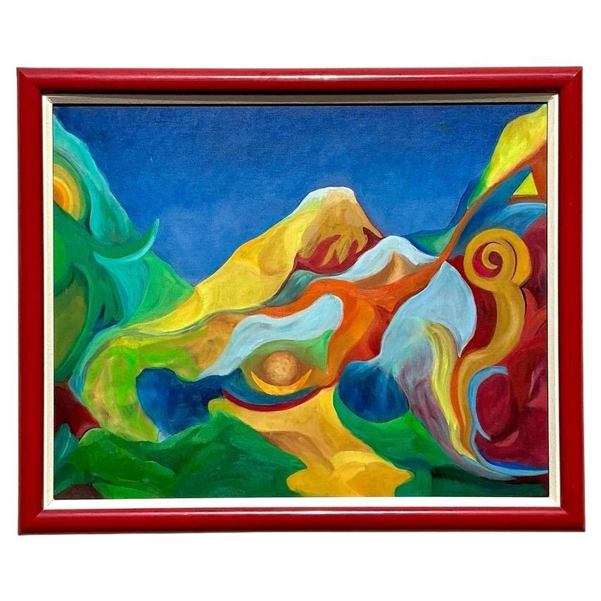 Mid 20th Century Vintage Boho Original Surrealist Landscape Oil on Canvas