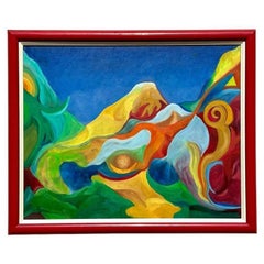 Mid 20th Century Vintage Boho Original Surrealist Landscape Oil on Canvas