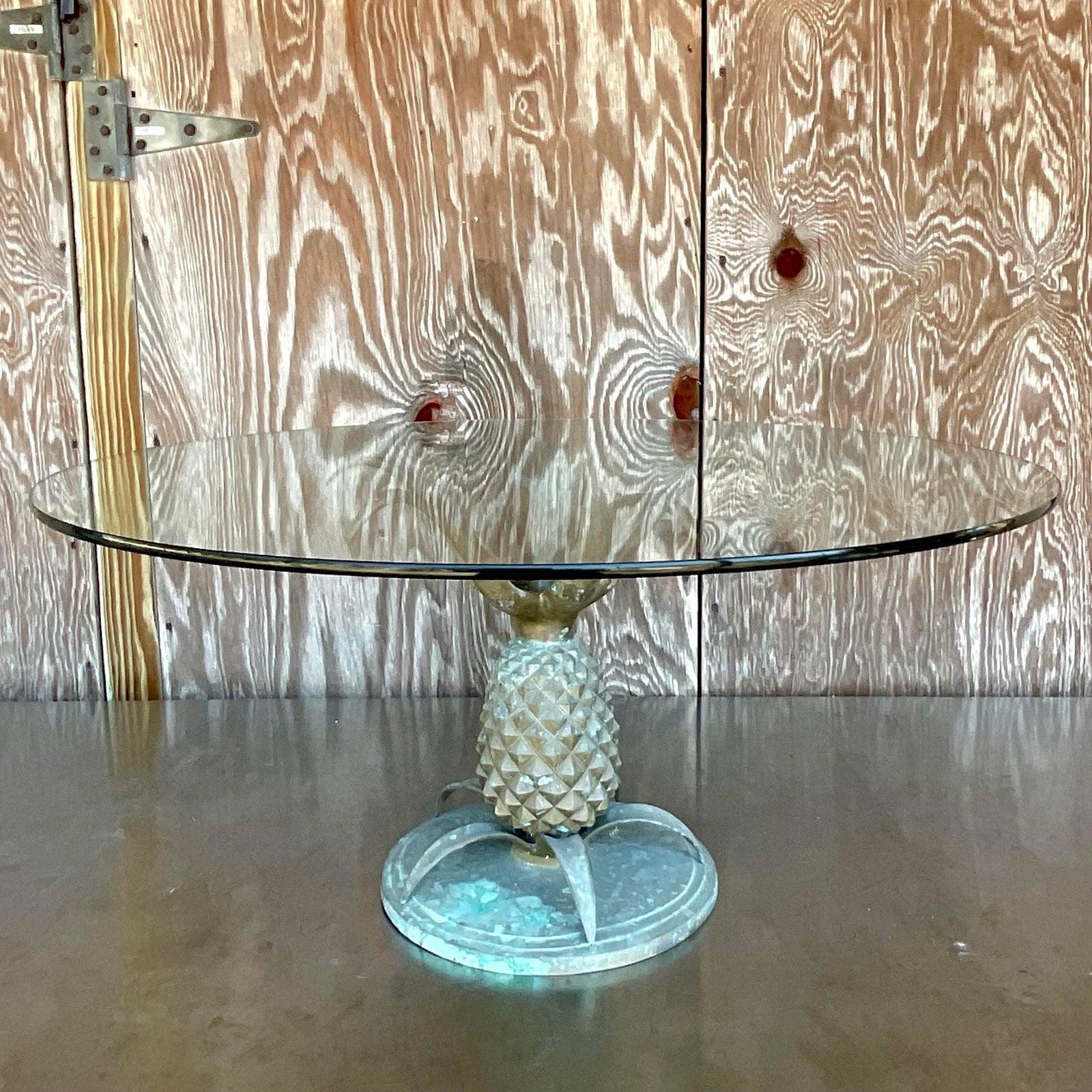 North American Mid 20th Century Vintage Boho Patinated Brass Pineapple Coffee Table For Sale