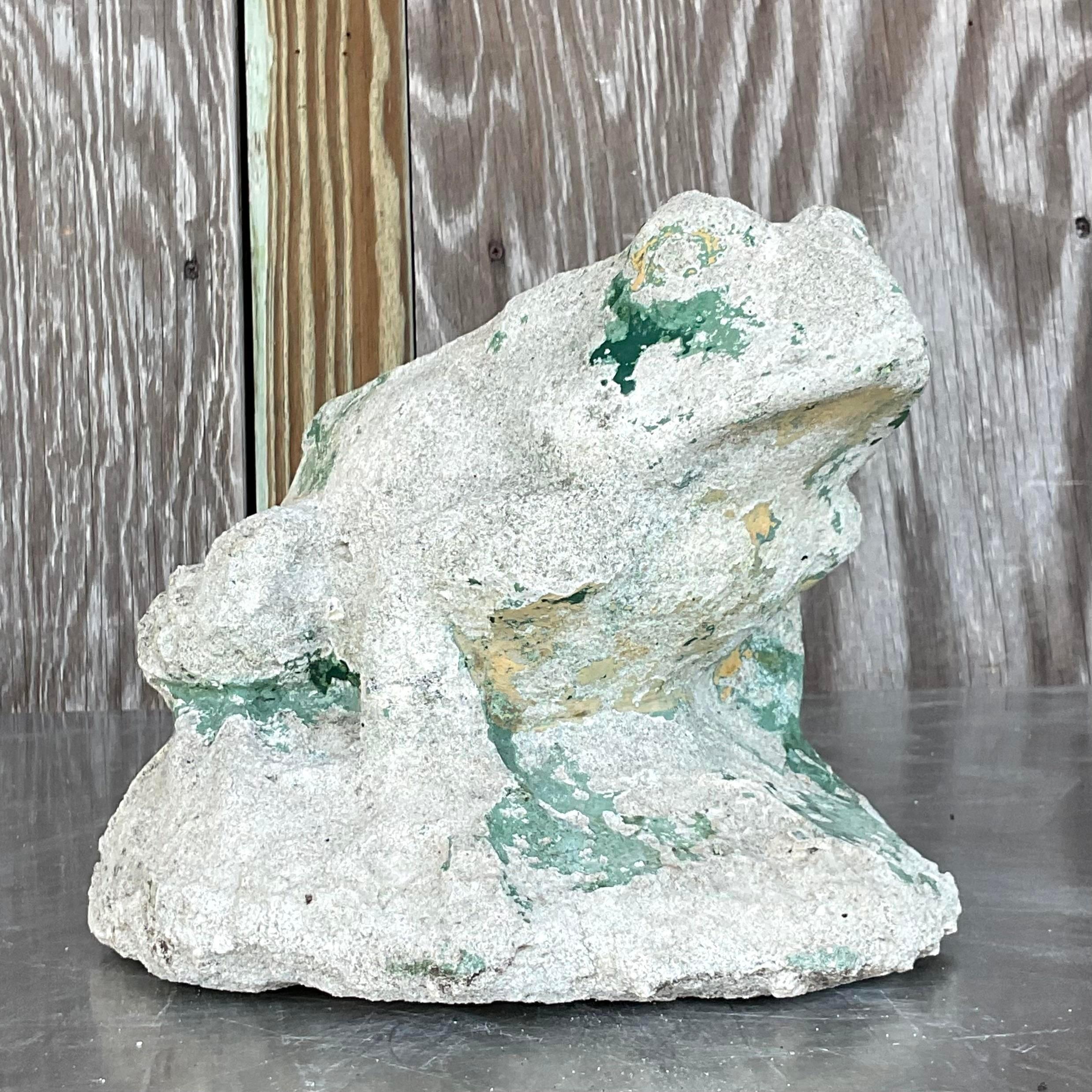 Mid 20th Century Vintage Boho Patinated Cast Concrete Frog In Good Condition For Sale In west palm beach, FL
