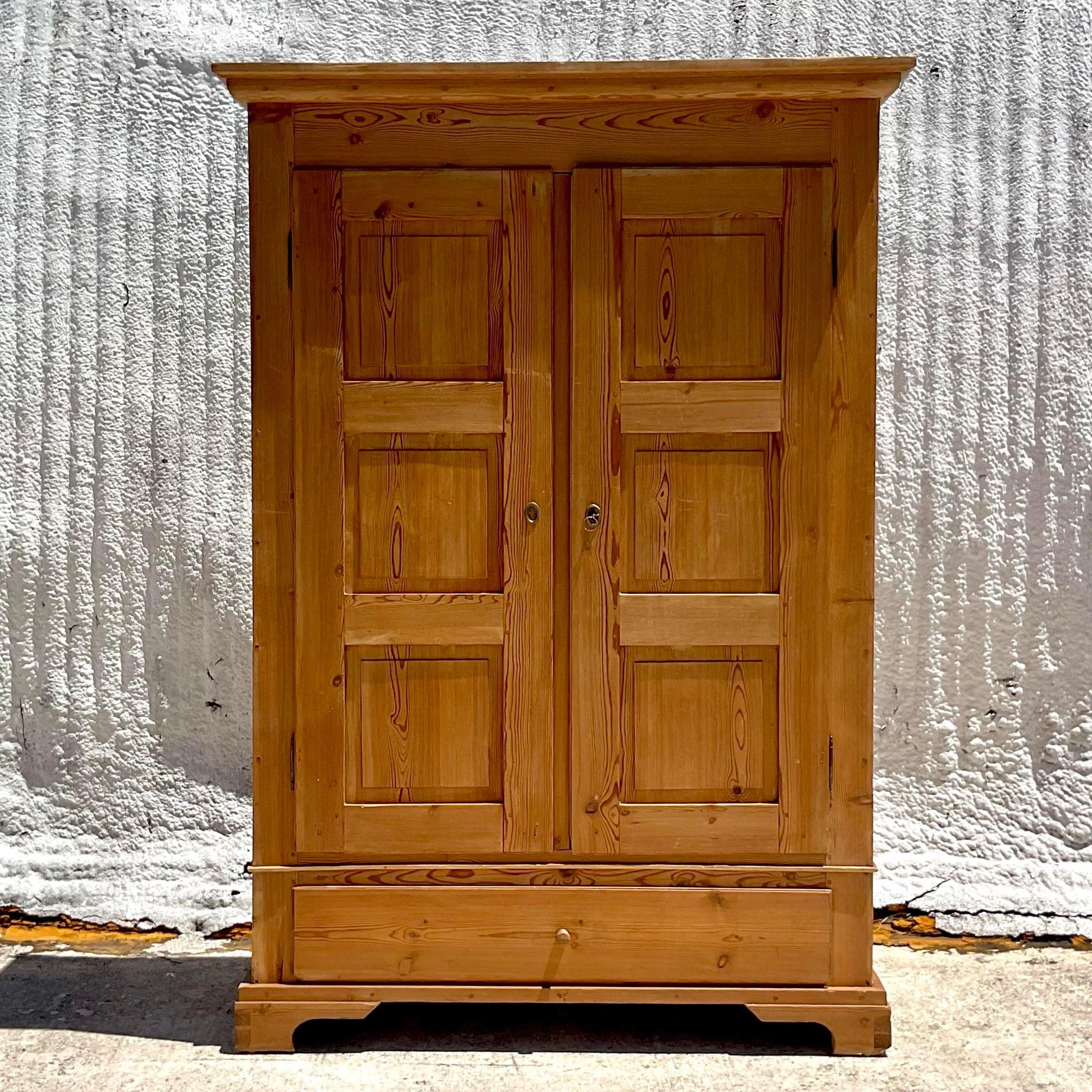 American Mid 20th Century Vintage Boho Pine Panel Armoire For Sale