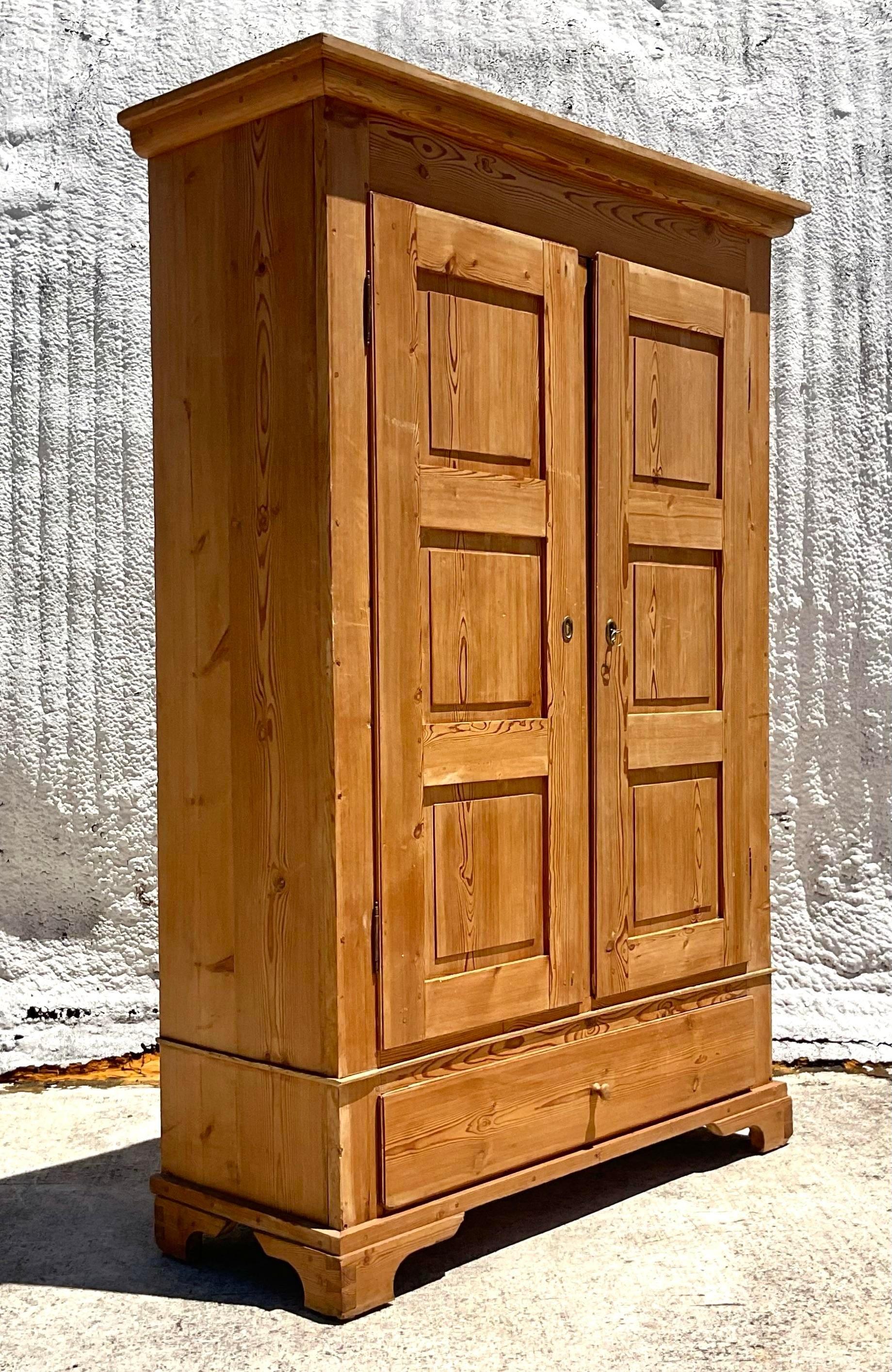 Mid 20th Century Vintage Boho Pine Panel Armoire For Sale 1