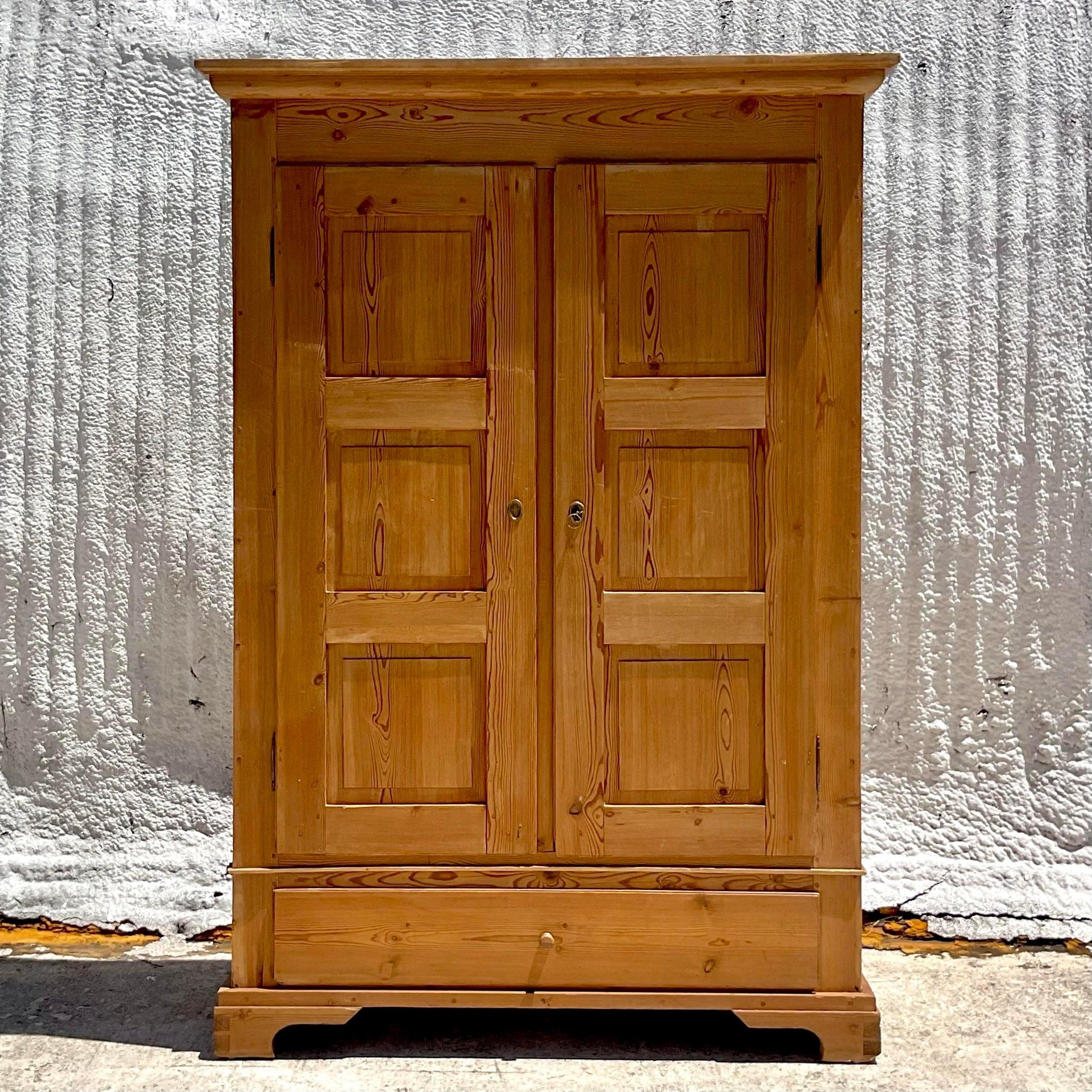 Mid 20th Century Vintage Boho Pine Panel Armoire For Sale 2