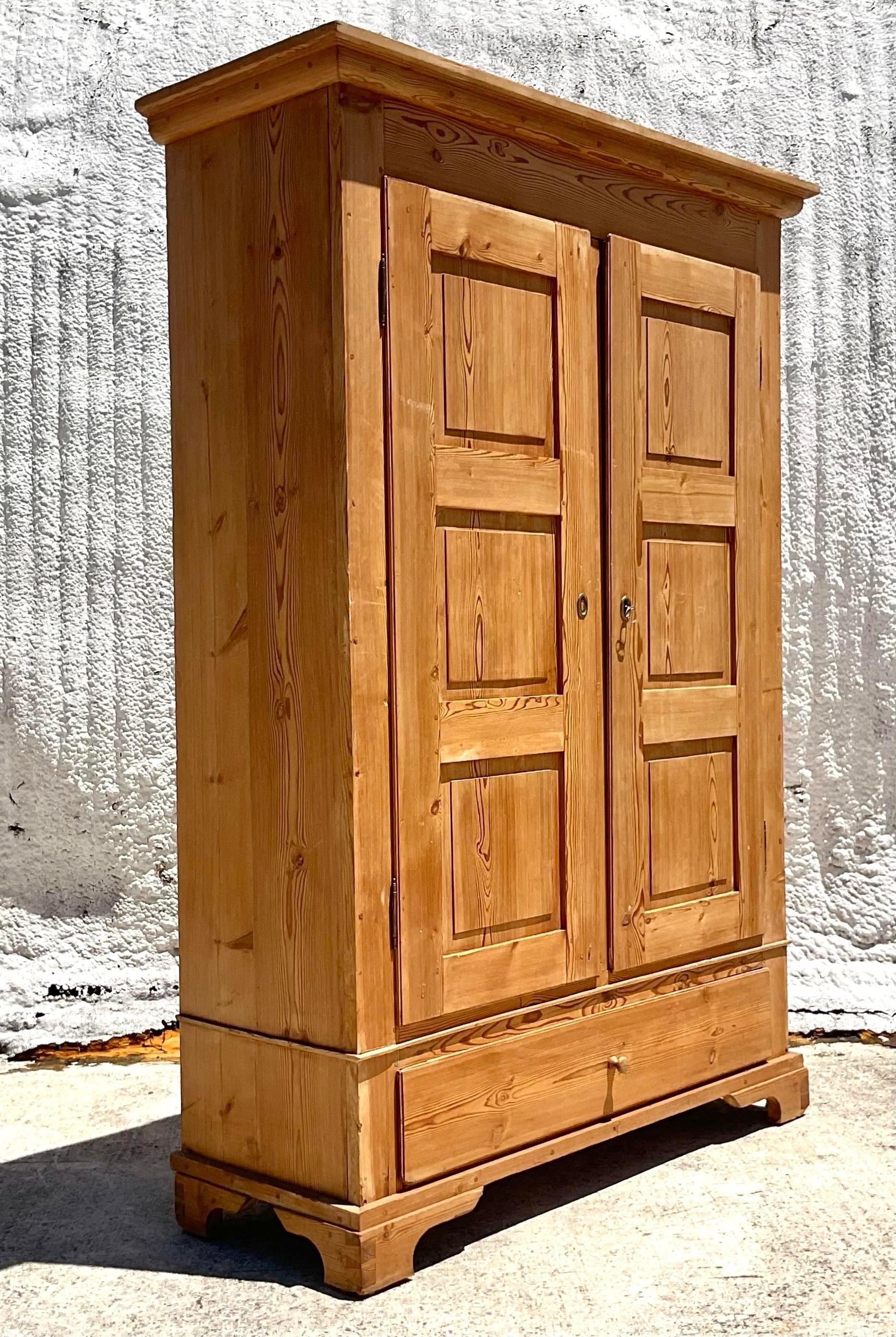 Mid 20th Century Vintage Boho Pine Panel Armoire For Sale 3