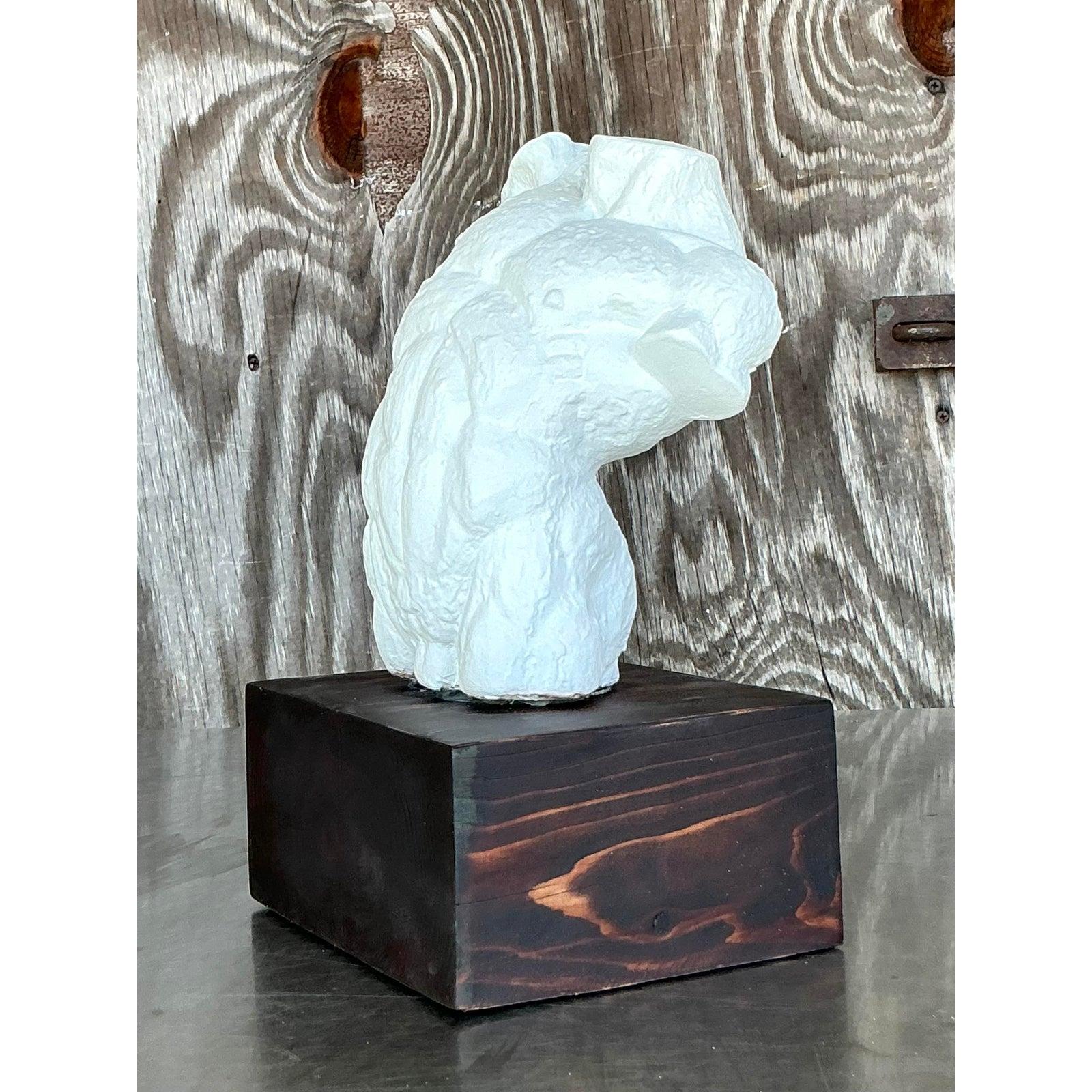 Eleva i tuoi interni con questa straordinaria scultura vintage in gesso, testimonianza di un'arte classica e di un'atmosfera bohémien. Realizzato con notevoli dettagli, questo pezzo cattura le forme maschili in un modo che è allo stesso tempo