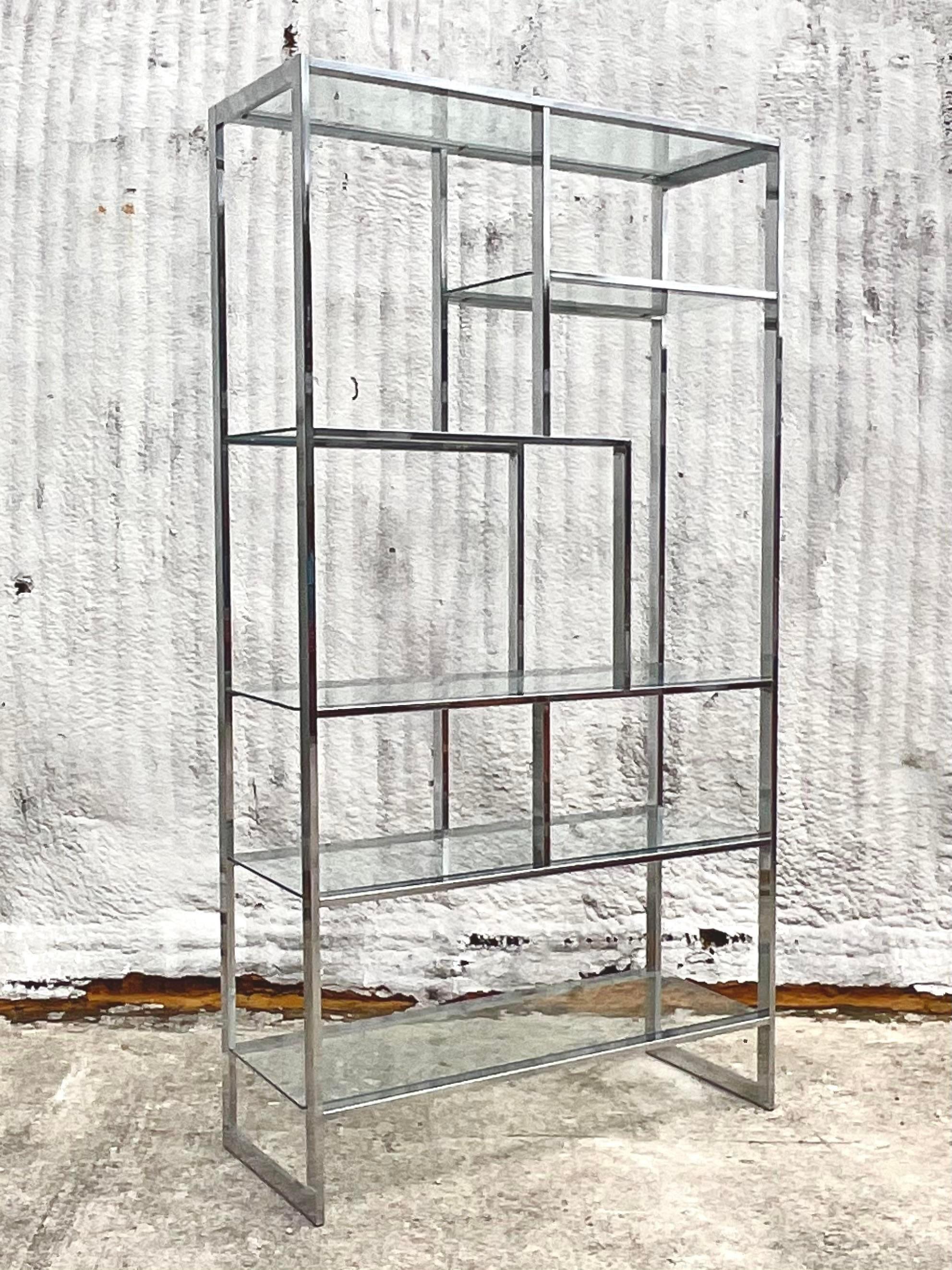 American Mid 20th Century Vintage Boho Polished Chrome Etagere After Dia For Sale