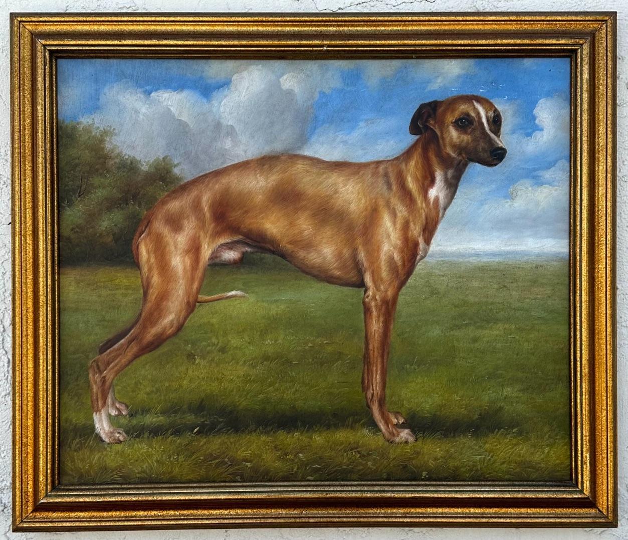 Mitte 20. Jahrhundert Vintage Boho Porträt auf Hund auf Leinwand, gerahmt im Zustand „Gut“ im Angebot in West Palm Beach, FL