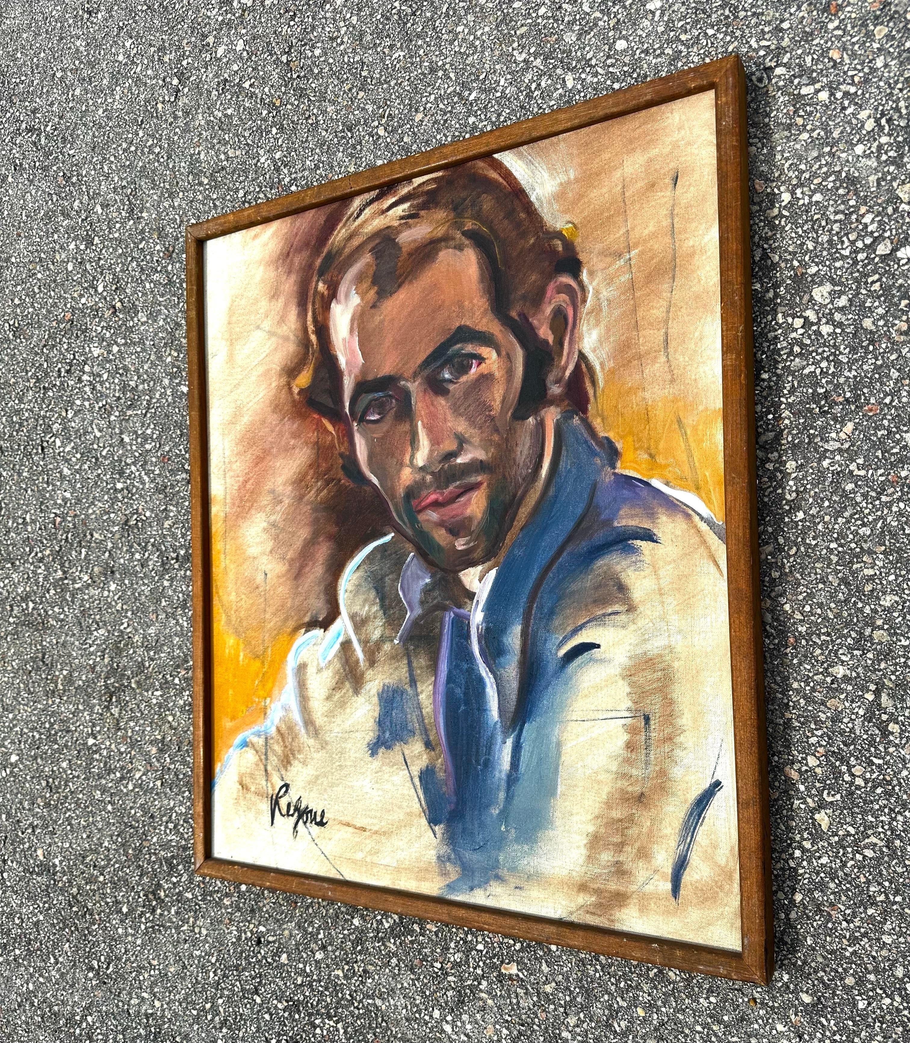 This vintage portrait has differentiating shades of brown and yellow with the addition of a gorgeous navy blue on the shirt. The use of soft brush strokes and strategic shading are extremely compelling. Acquired from a Palm Beach estate. 