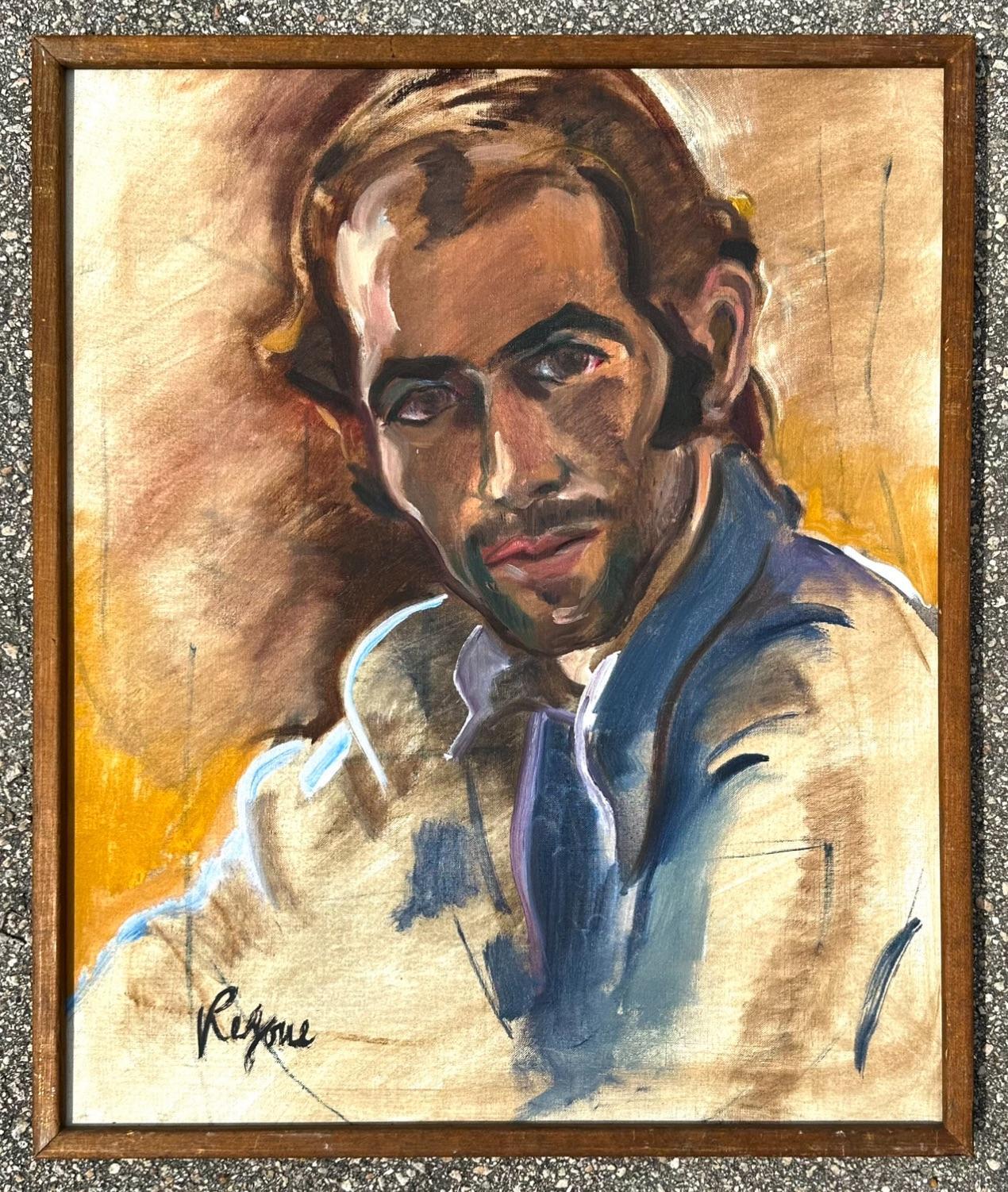 Mid 20th Century Vintage Boho Regone Pierokkis Portrait Oil on Canvas, Framed In Good Condition For Sale In west palm beach, FL