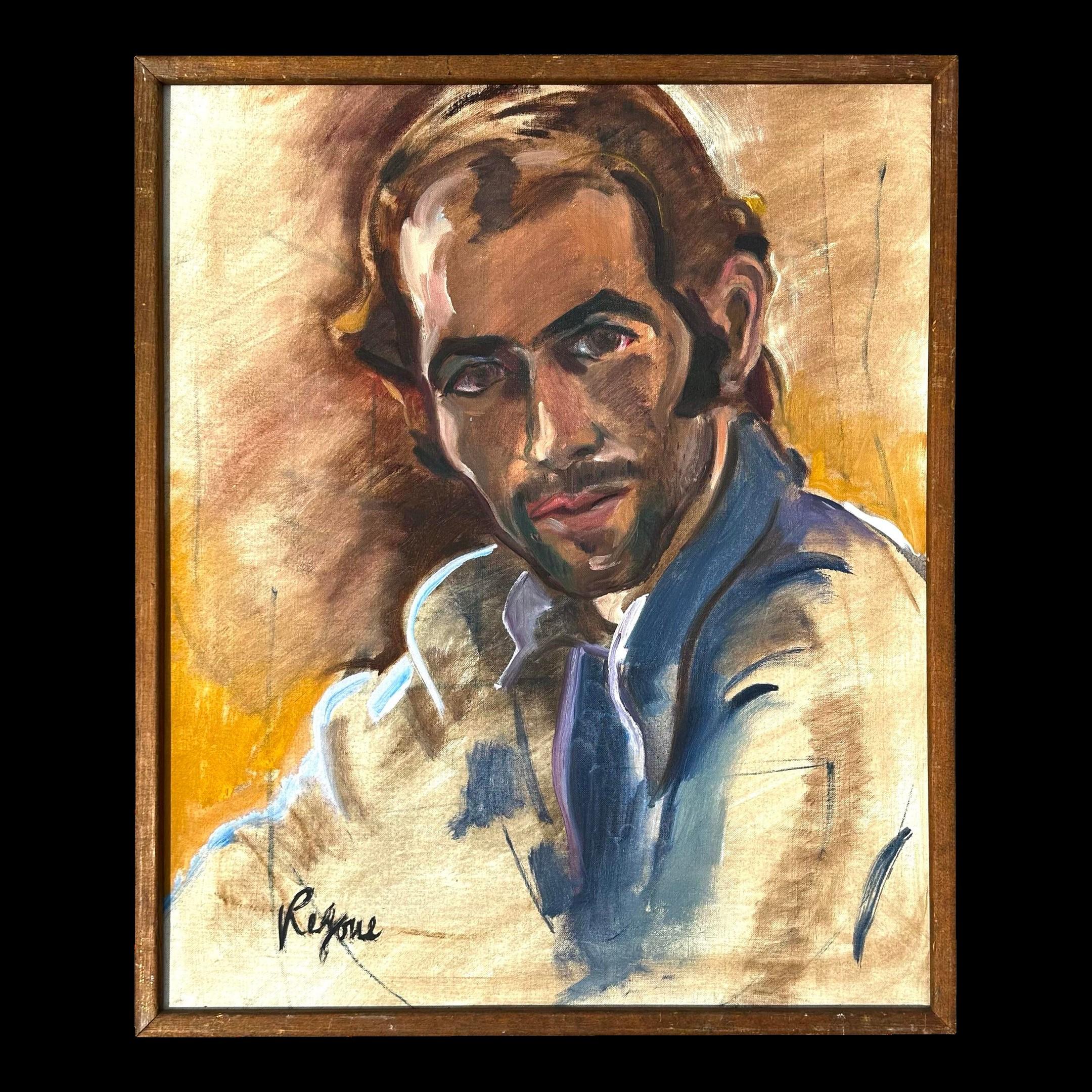 Mid 20th Century Vintage Boho Regone Pierokkis Portrait Oil on Canvas, Framed For Sale