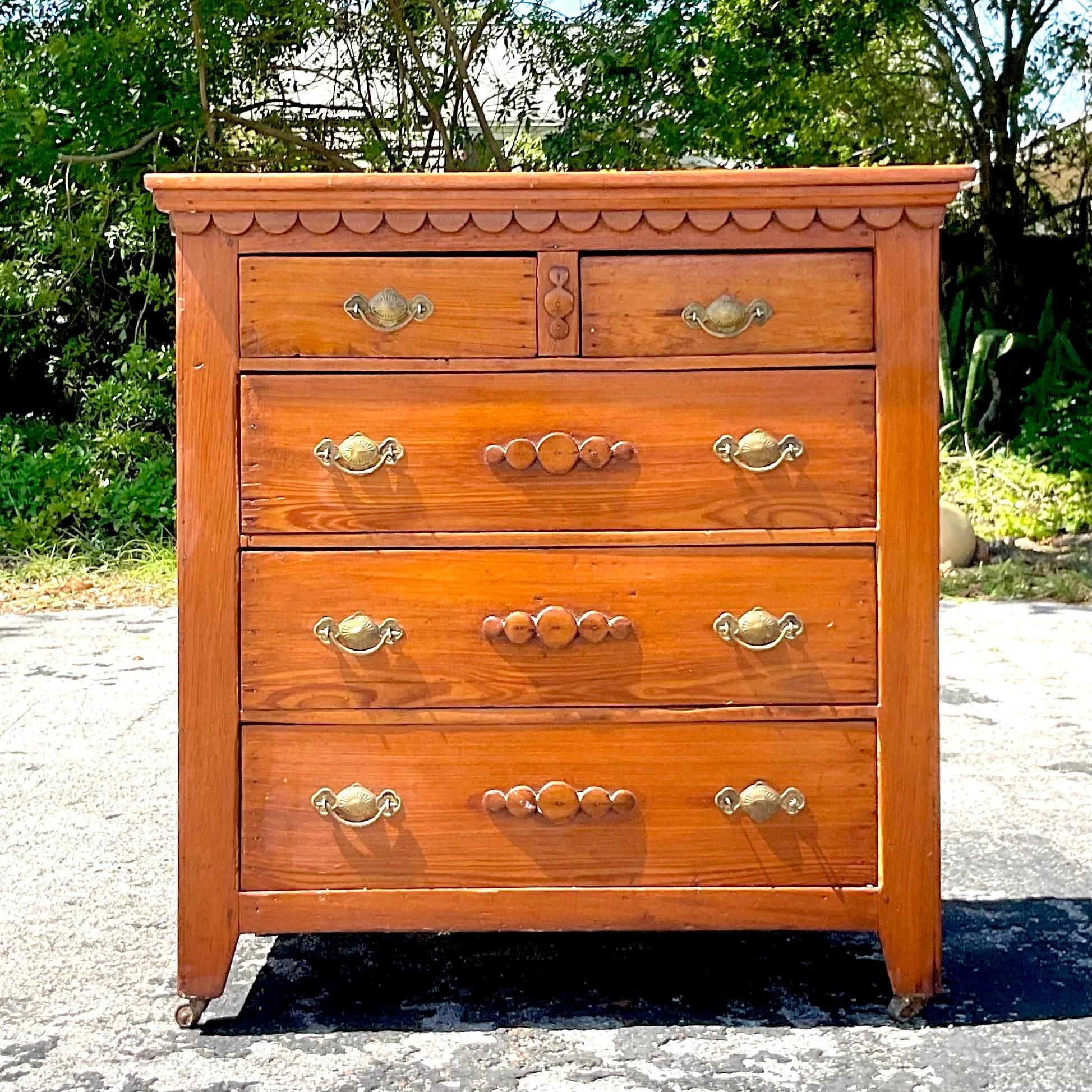 American Mid 20th Century Vintage Boho Scalloped Chest and Drawers For Sale