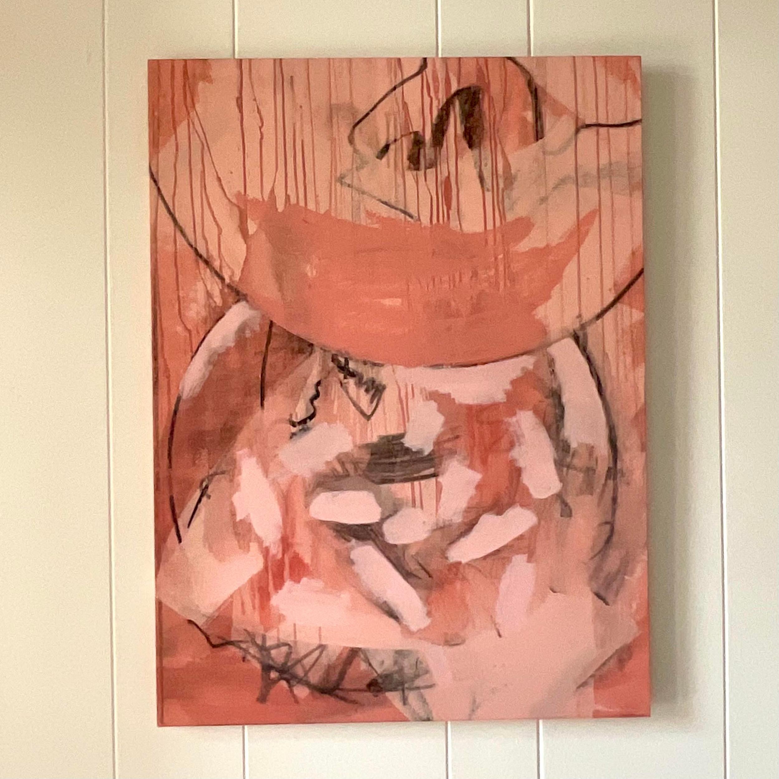 Mid-Century Signed Abstract oil painting on canvas. An abstract composition in a palette of pinks. Signed by the artist. Acquired at a Palm Beach Estate.