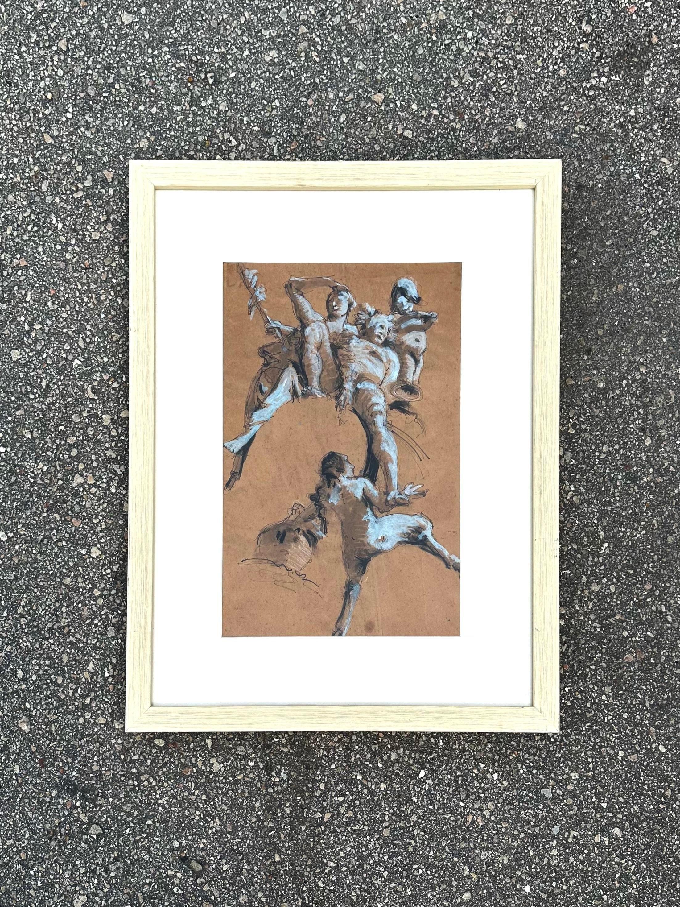 Diese einzigartige Skizze von 4 Menschen, die im Raum zu schweben scheinen, ist eine großartige minimalistische Ergänzung für einen Raum. Der hellbraune Hintergrund kontrastiert mit den einfarbigen Figuren im Renaissancestil und ist ein