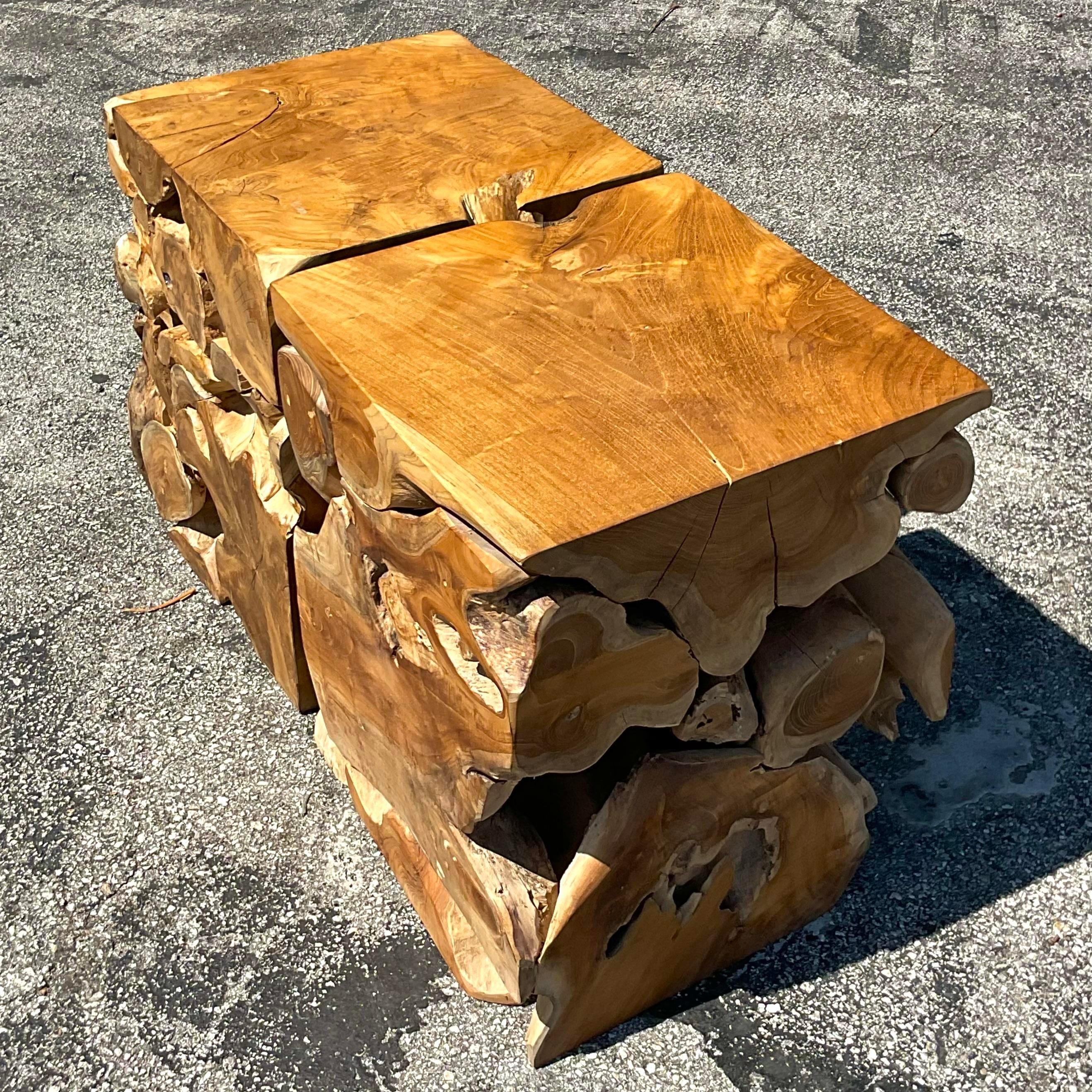 Crafted from reclaimed roots, these vintage Boho slab side tables exude American charm with their rustic elegance. Perfect for adding a touch of character to any space, this pair brings a unique blend of history and style to your home décor.