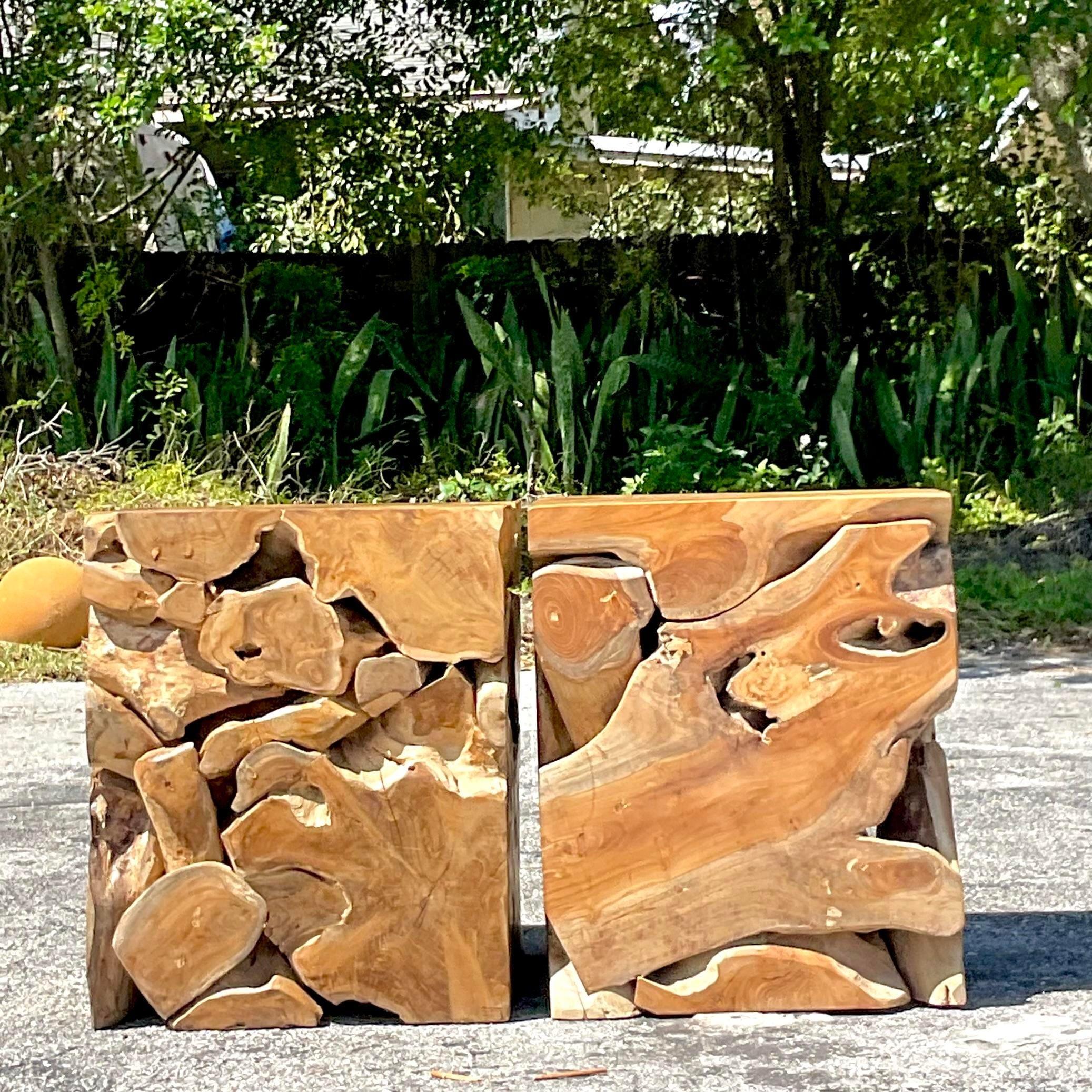 Rustic Mid 20th Century Vintage Boho Slab Root Side Tables - a Pair For Sale