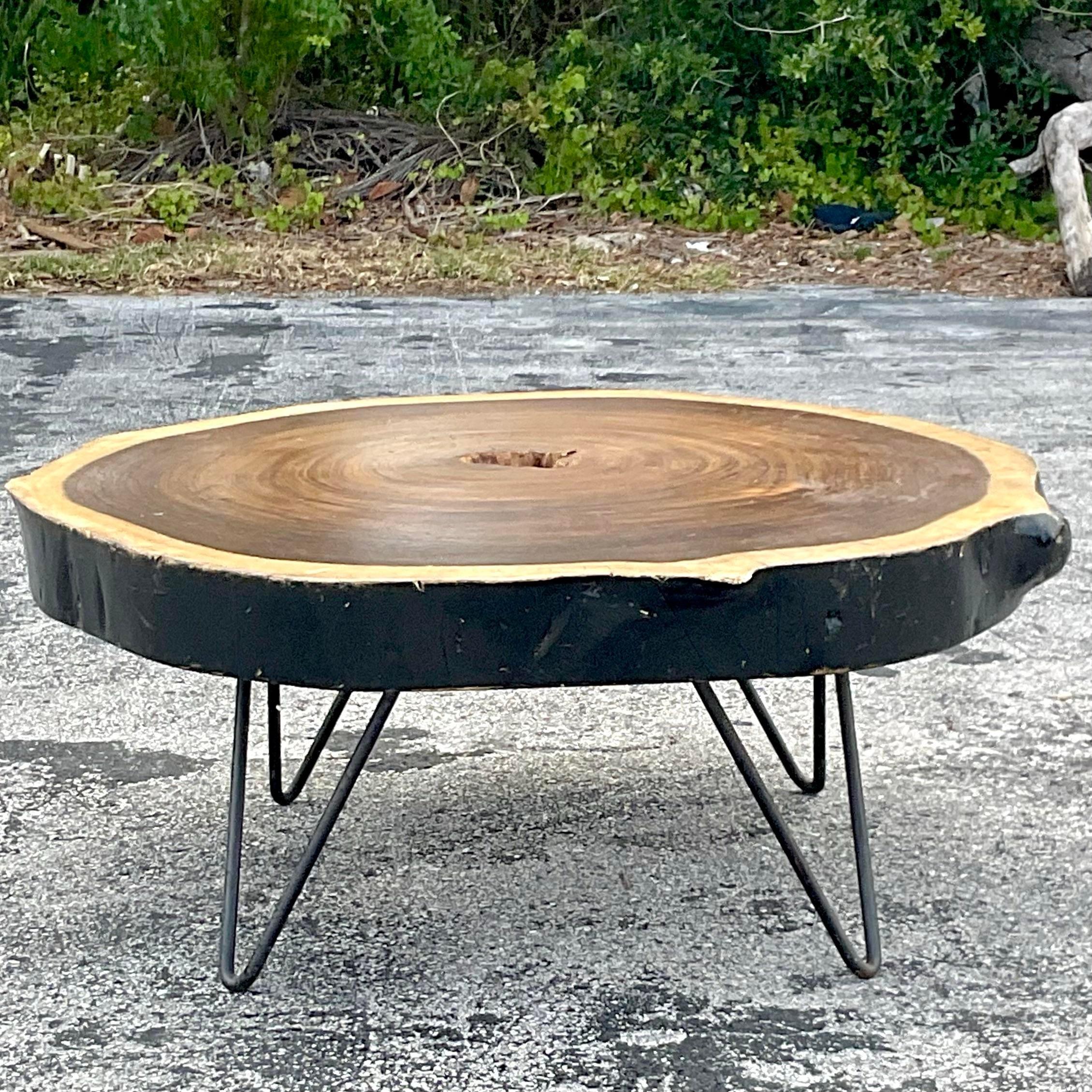 Bring the outdoors in with this Vintage Boho Tree Trunk Slice Coffee Table. Crafted from a natural tree trunk slice, it showcases the beauty of organic wood grain and rustic charm. Its unique design and sturdy American craftsmanship make it a