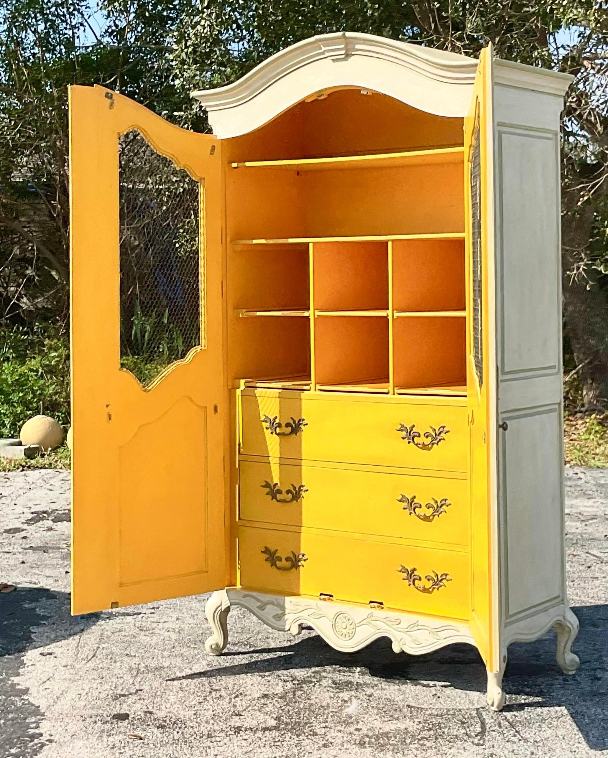 American Mid 20th Century Vintage Boho Whitewashed Cabinet With Contrasting Interior For Sale
