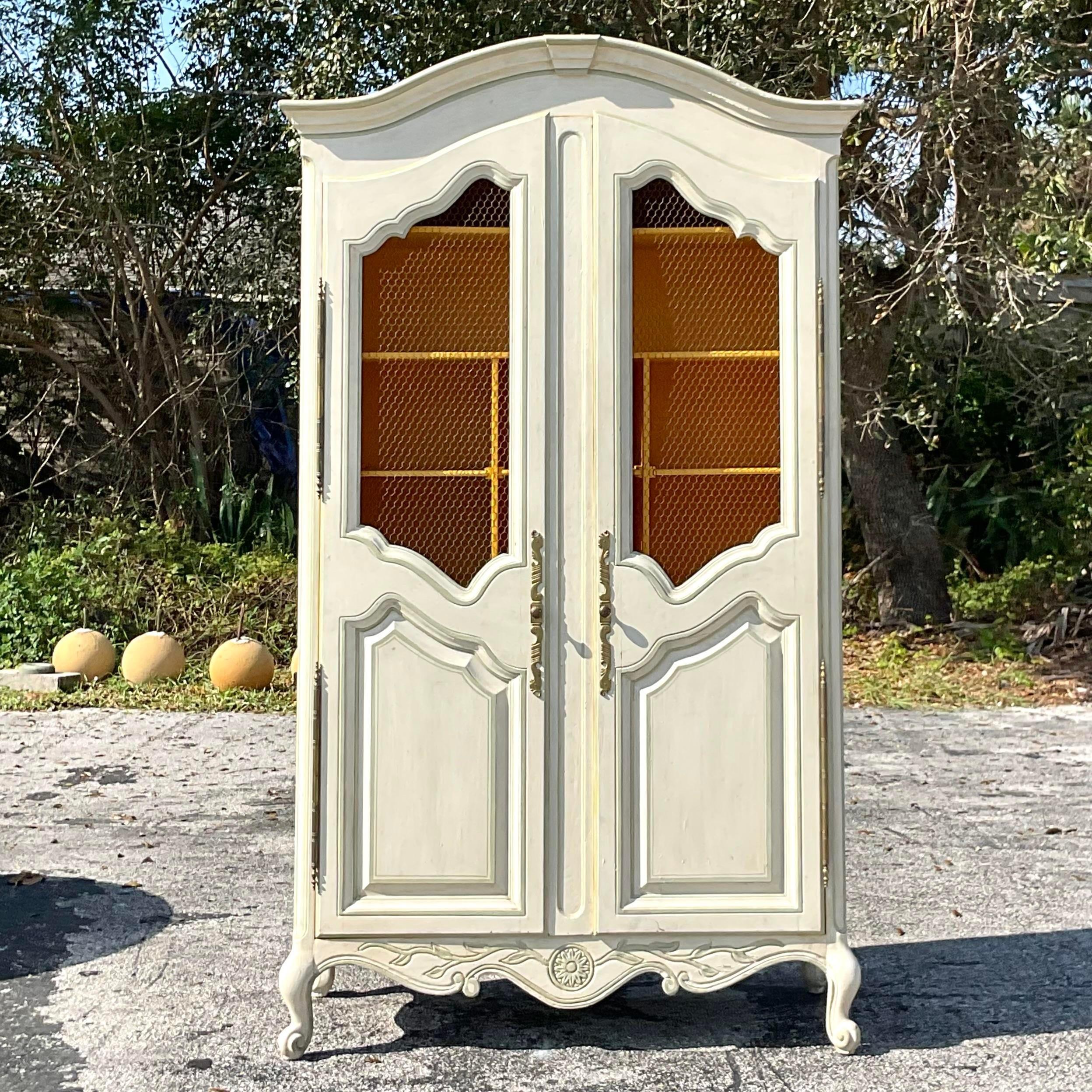 Mid 20th Century Vintage Boho Whitewashed Cabinet With Contrasting Interior In Good Condition For Sale In west palm beach, FL