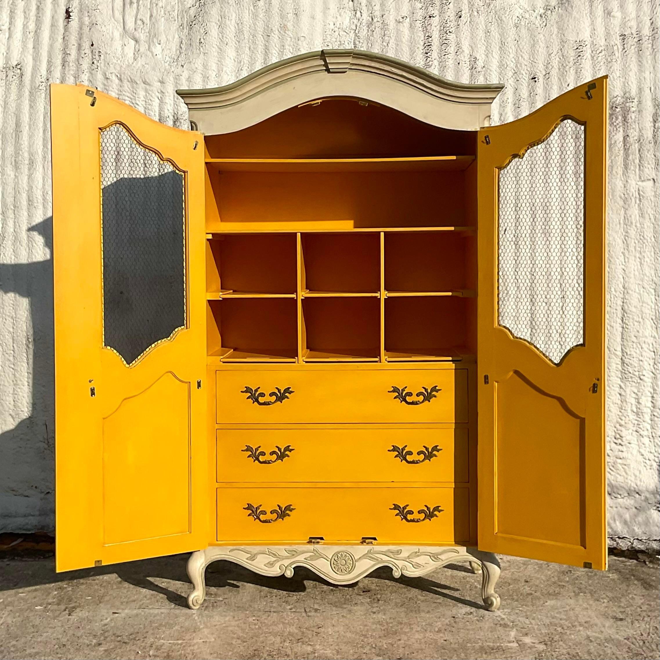 Brass Mid 20th Century Vintage Boho Whitewashed Cabinet With Contrasting Interior For Sale