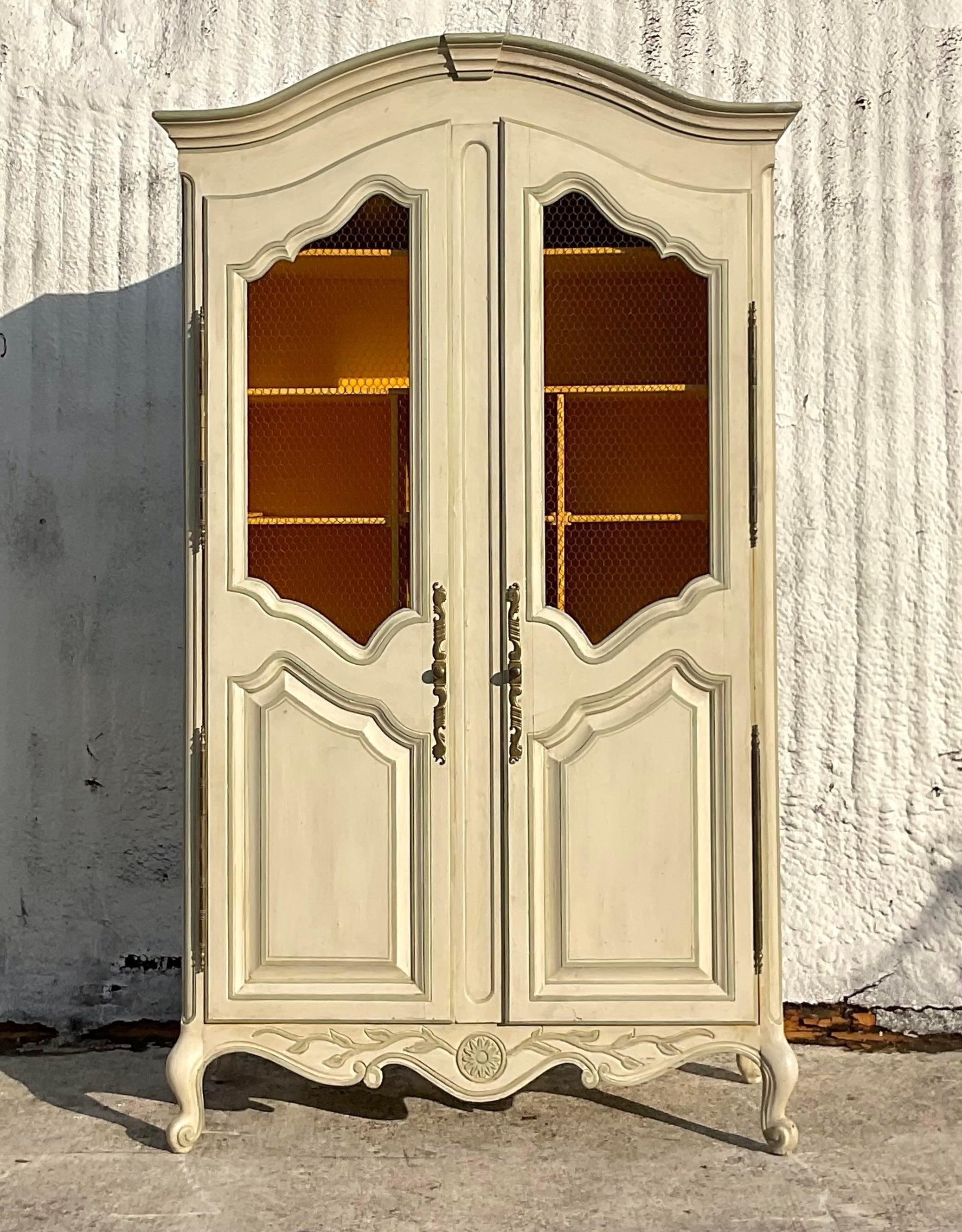 Mid 20th Century Vintage Boho Whitewashed Cabinet With Contrasting Interior For Sale 1