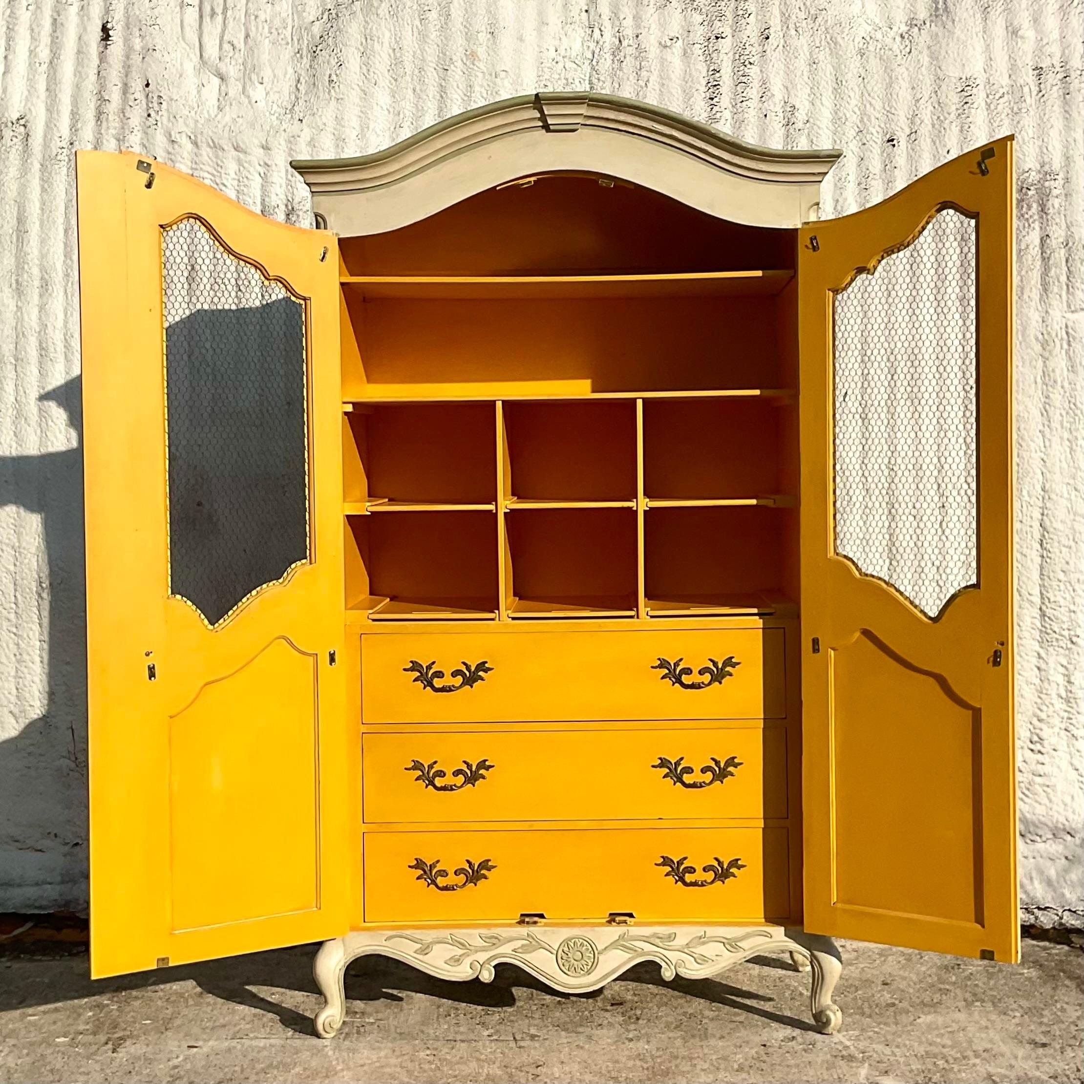 Mid 20th Century Vintage Boho Whitewashed Cabinet With Contrasting Interior For Sale 2