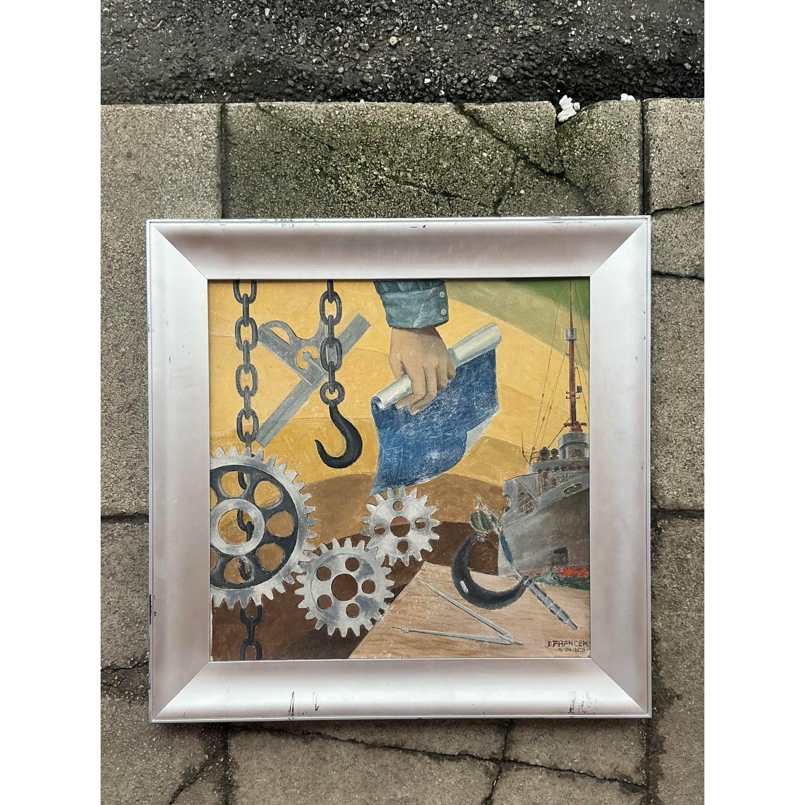 Replongez dans une époque importante de l'histoire de l'art américain avec cette fascinante peinture à l'huile originale sur panneau, potentiellement une œuvre créée dans le cadre de la Works Progress Administration (WPA). Cette œuvre d'art présente