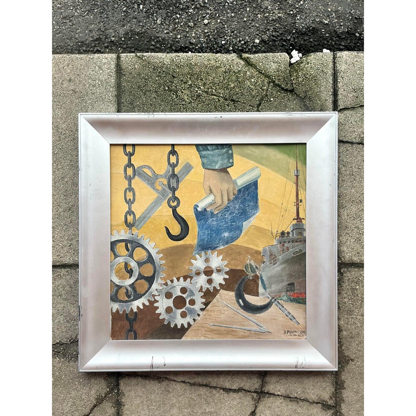 Moderne Huile sur toile originale Boho WPA du milieu du 20e siècle en vente