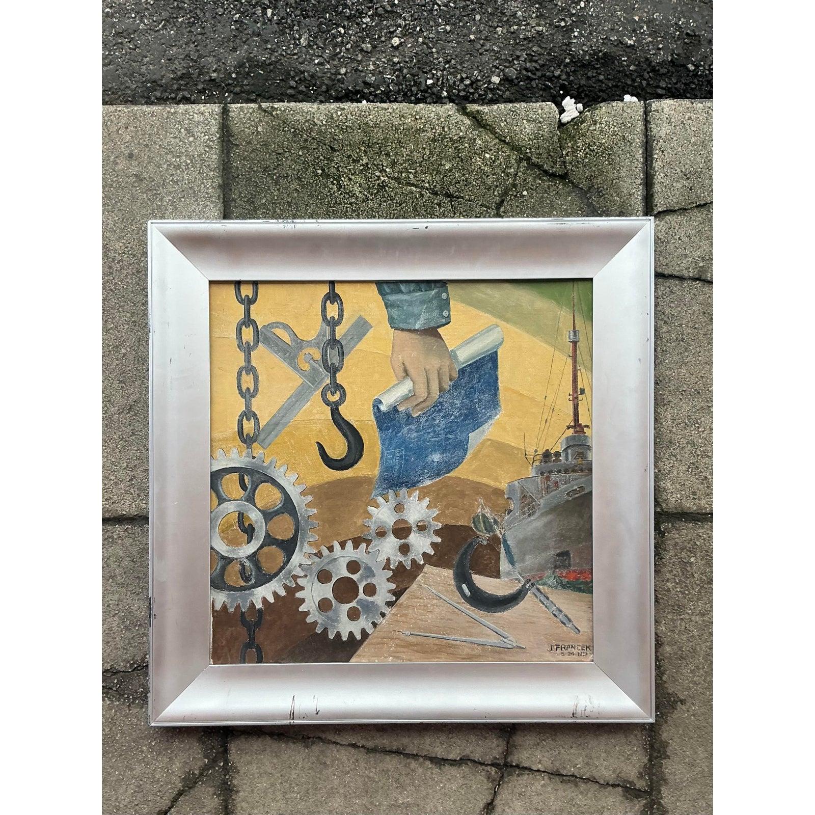 Huile sur toile originale Boho WPA du milieu du 20e siècle Bon état - En vente à West Palm Beach, FL