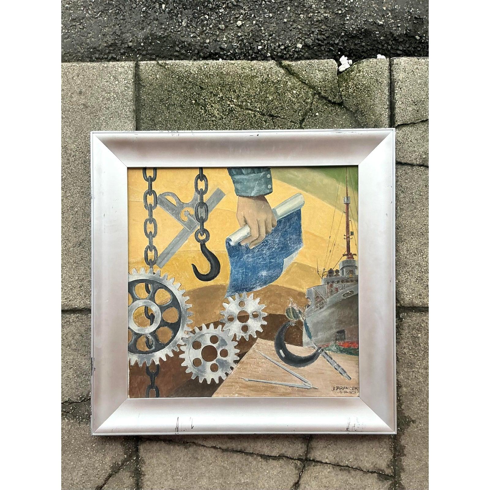20ième siècle Huile sur toile originale Boho WPA du milieu du 20e siècle en vente