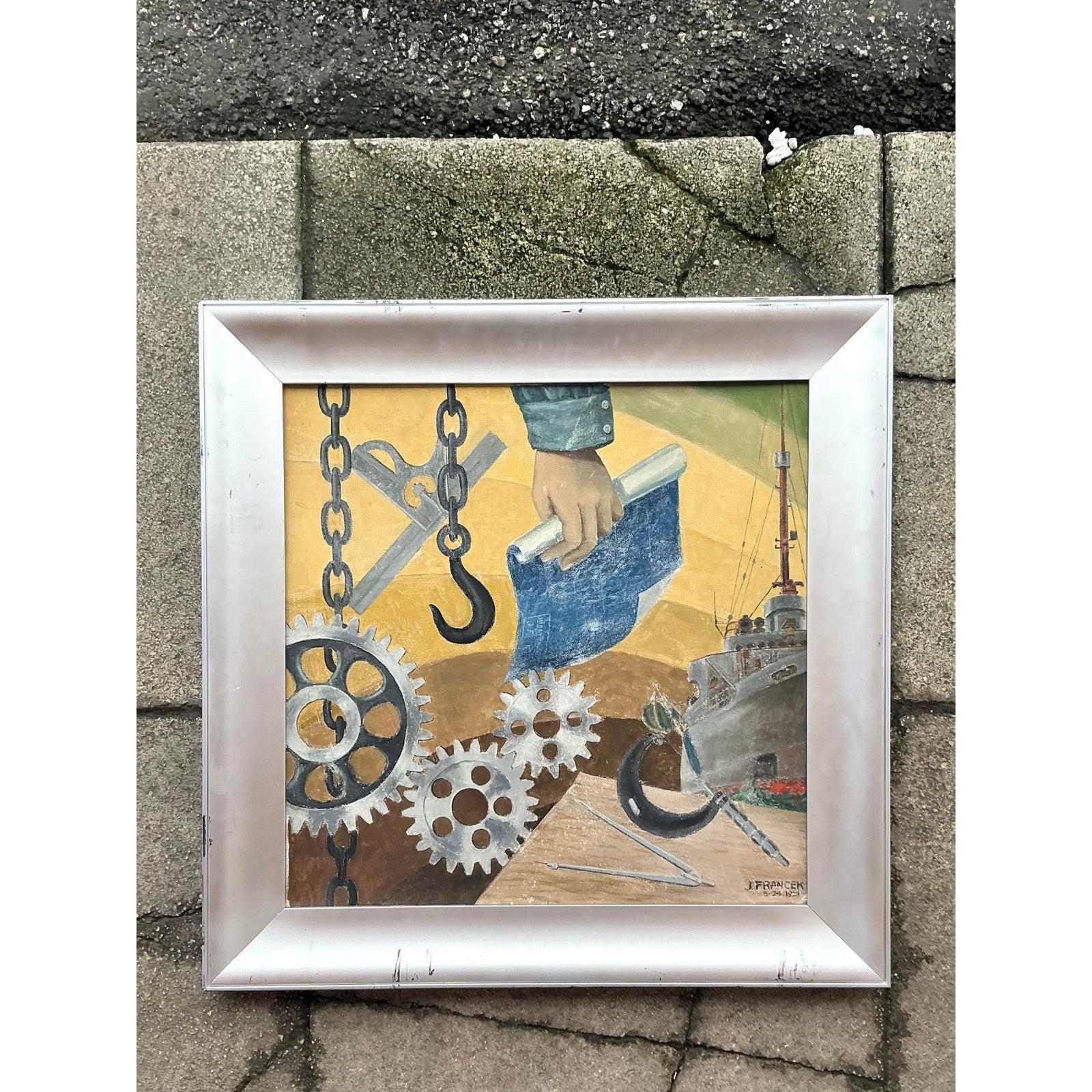 Bois Huile sur toile originale Boho WPA du milieu du 20e siècle en vente