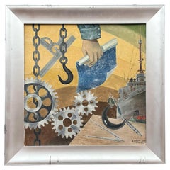 Mediados Siglo XX Vintage Boho Wpa Original Óleo sobre tabla