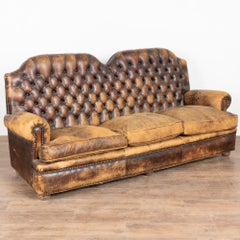 Mid 20th Century Vintage Brown Leather Three Seat Chesterfield Sofa