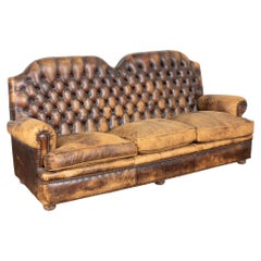 Mid 20th Century Vintage Brown Leather Three Seat Chesterfield Sofa
