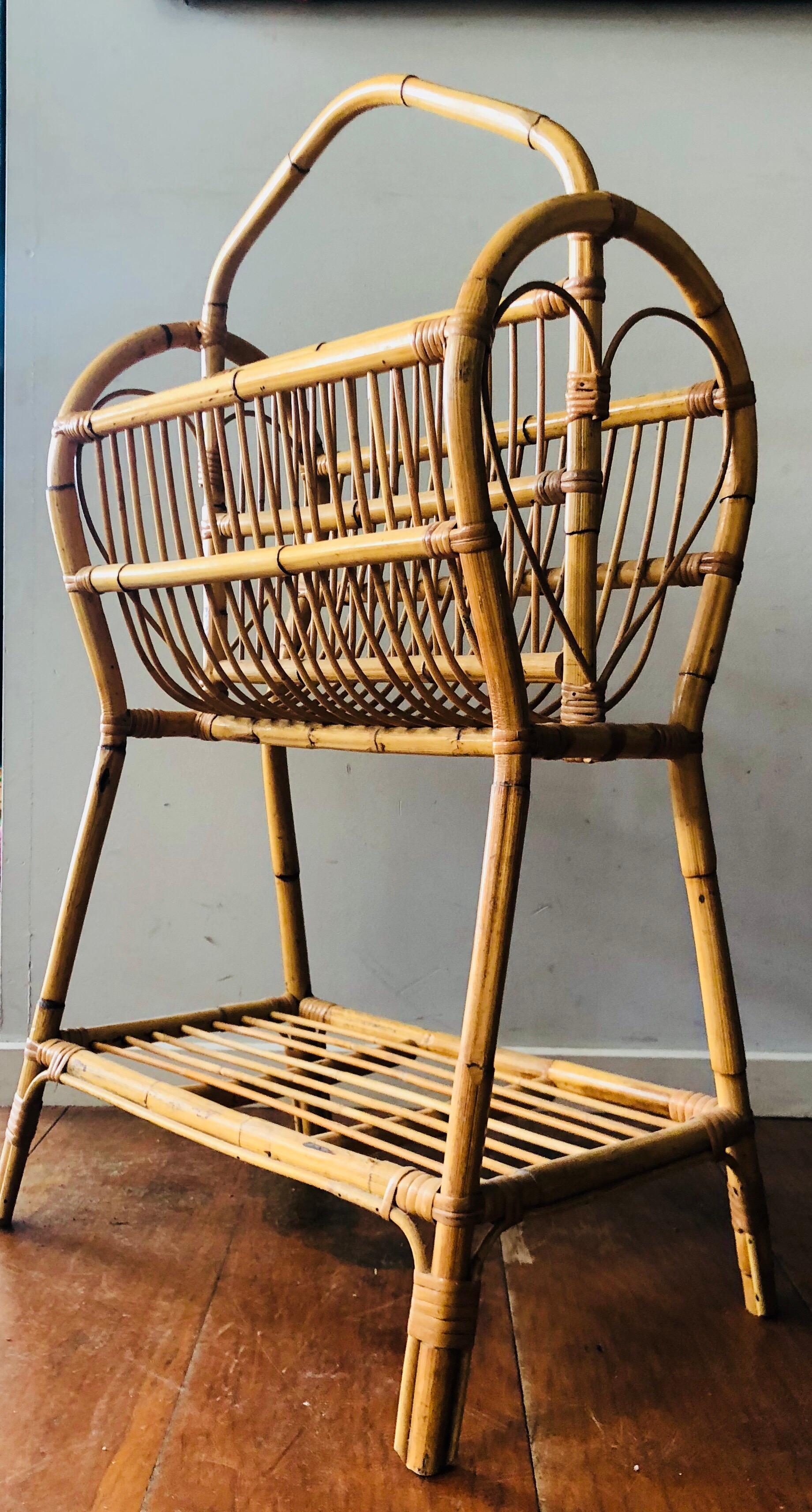 Wicker Mid-20th Century Vintage Cane Rattan Tall Magazine Rack For Sale