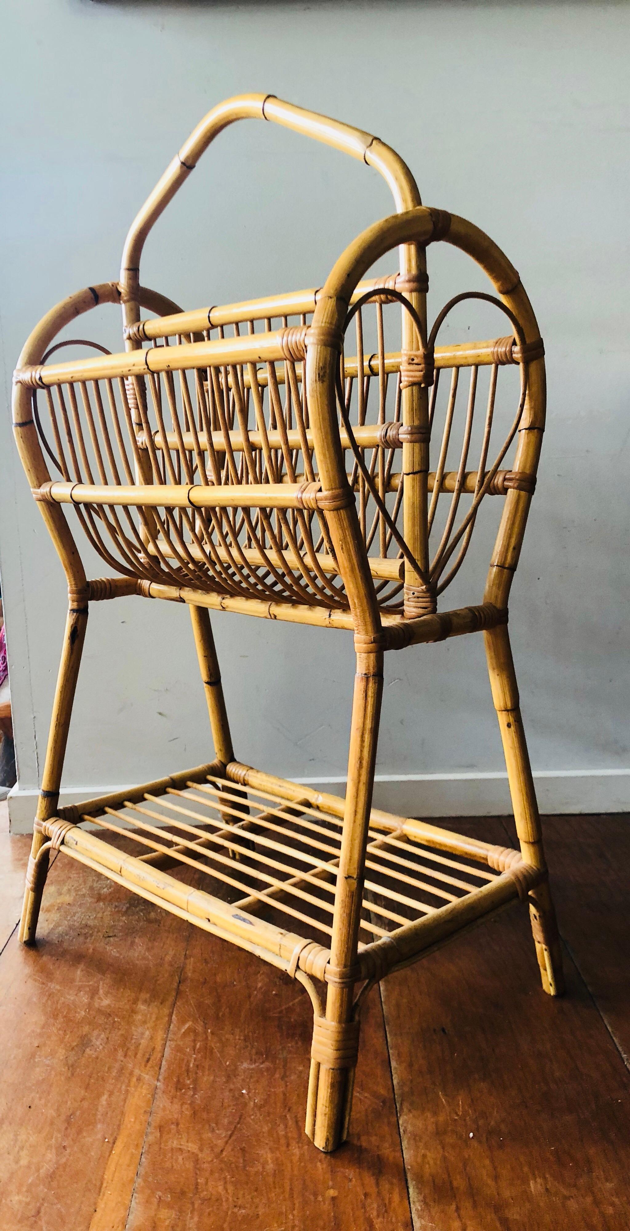 Mid-20th Century Vintage Cane Rattan Tall Magazine Rack For Sale 2