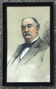 Mid 20th Century Vintage Charcoal Pen Pastel Oil on Canvas, Framed