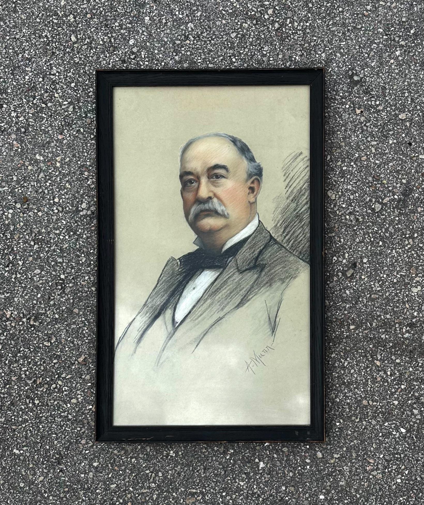 Wood Mid 20th Century Vintage Charcoal Pen Pastel Oil on Canvas, Framed For Sale